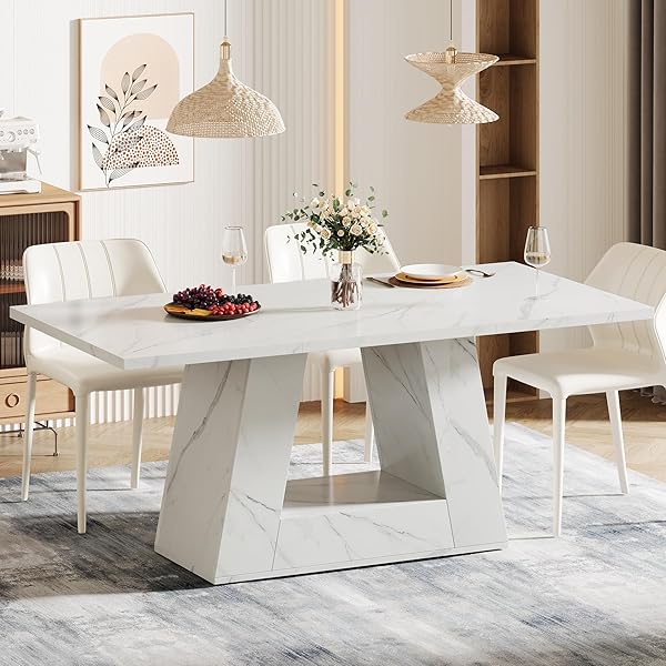 White Faux Marble Table with Trapezoid Legs