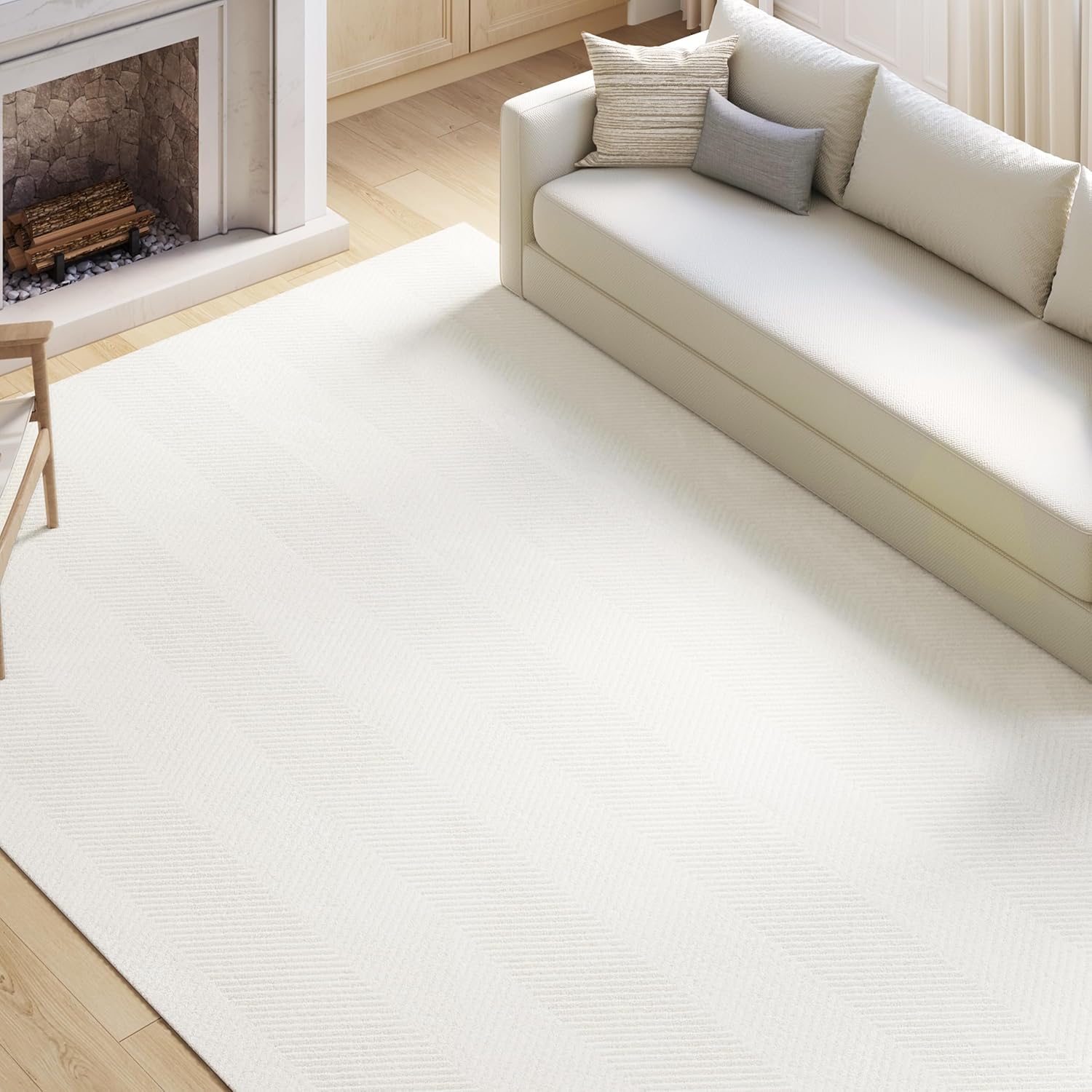 Area Rug for Living Room - 5x7 Soft Faux Rabbit Fur Modern Geometric Wave Carpet for Bedroom, Light Beige