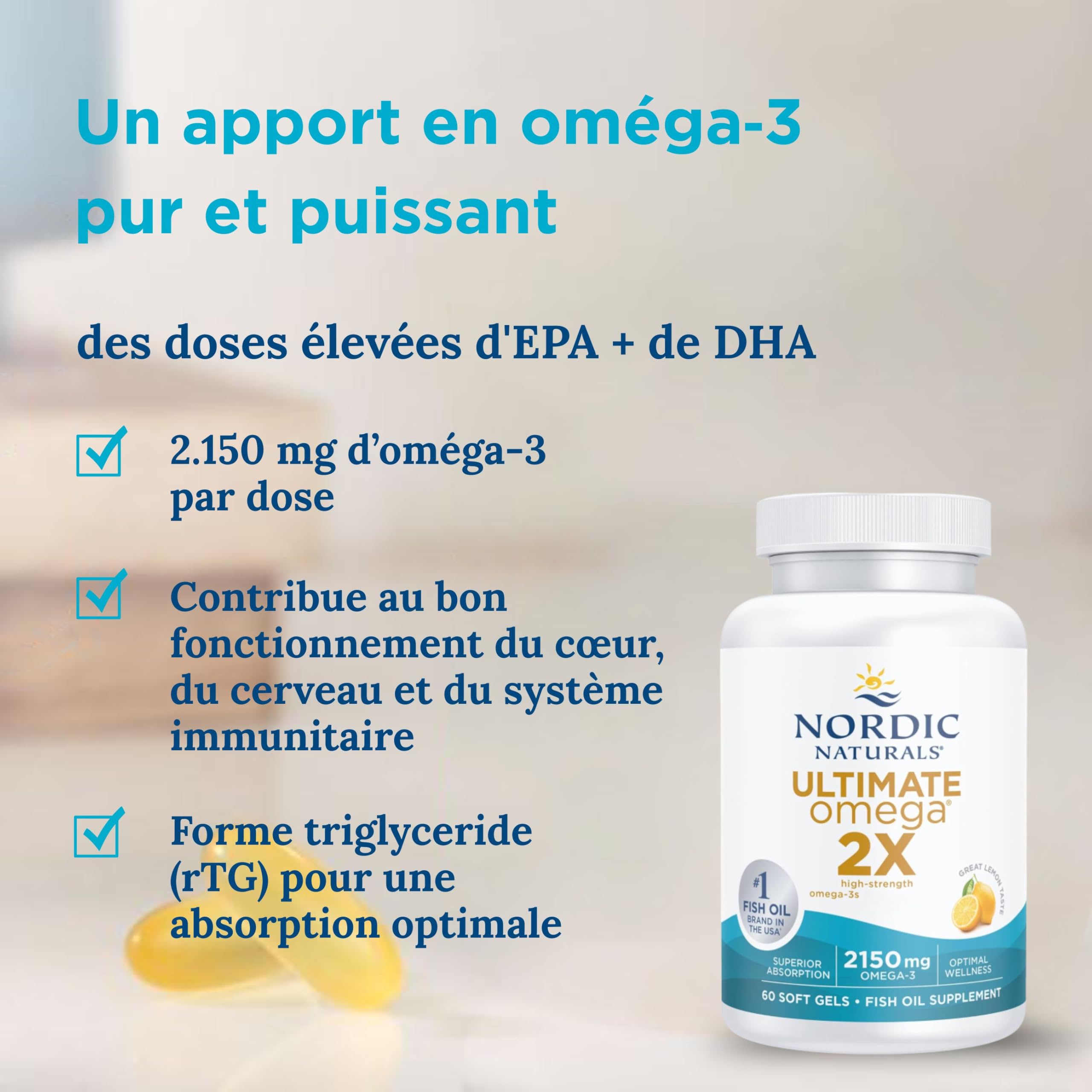 Nordic Naturals, Ultimate Omega 2X, 2150mg d'Oméga-3, Huile de Poisson avec EPA et DHA, 60 Capsules molles, Goût Citron, Testé en Laboratoire, Sans Soja, Sans Gluten, Sans OGM