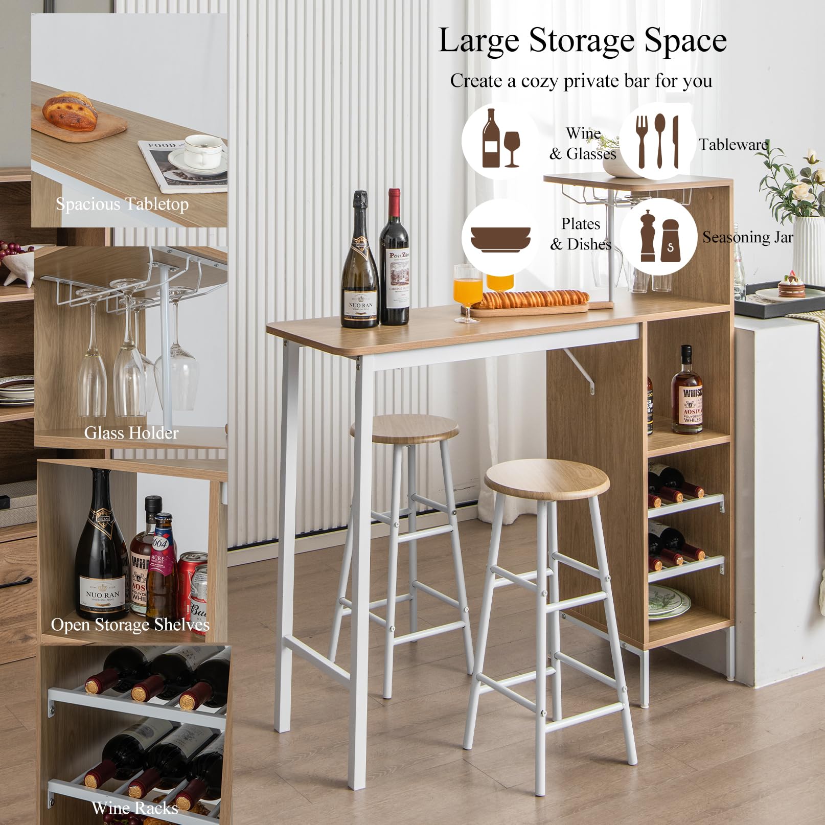 HOMASIS Set di tavolo da bar con 2 sgabelli da bar, tavolo da pranzo con supporti per calici da vino e ripiani per 6 bottiglie di vino, tavolo da bistro industriale per cucina, 120 x 40 x 121,5 cm