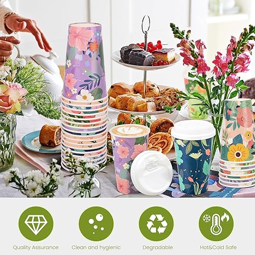Miniatura 4 de BYMIOYA Vaso de papel desechable de primavera de 16 onzas, 48 piezas con tapas, 6 tazas de papel para beber con diseño floral de primavera para