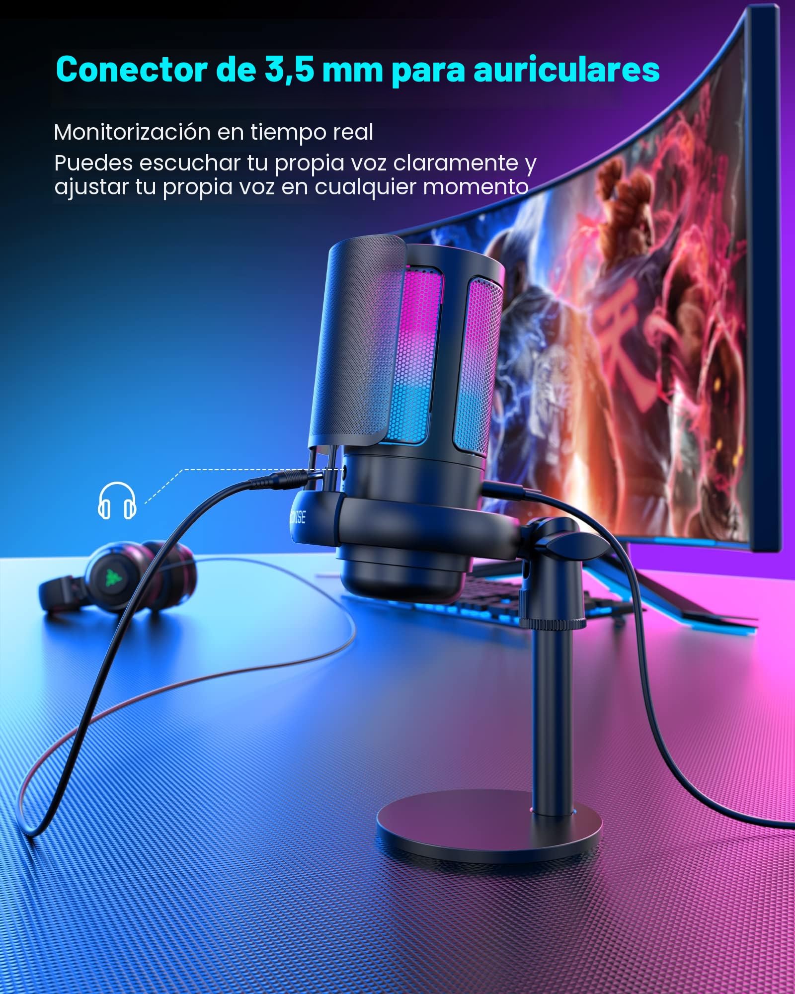 COCONISE Micrófono Gaming RGB, Microfono Pastilla cardioide para PC Mac PS4 PS5, Mute Touch, Equipado con Conector para Auriculares, Perilla para Ajustar el Volumen,Filtro Anti-Pop