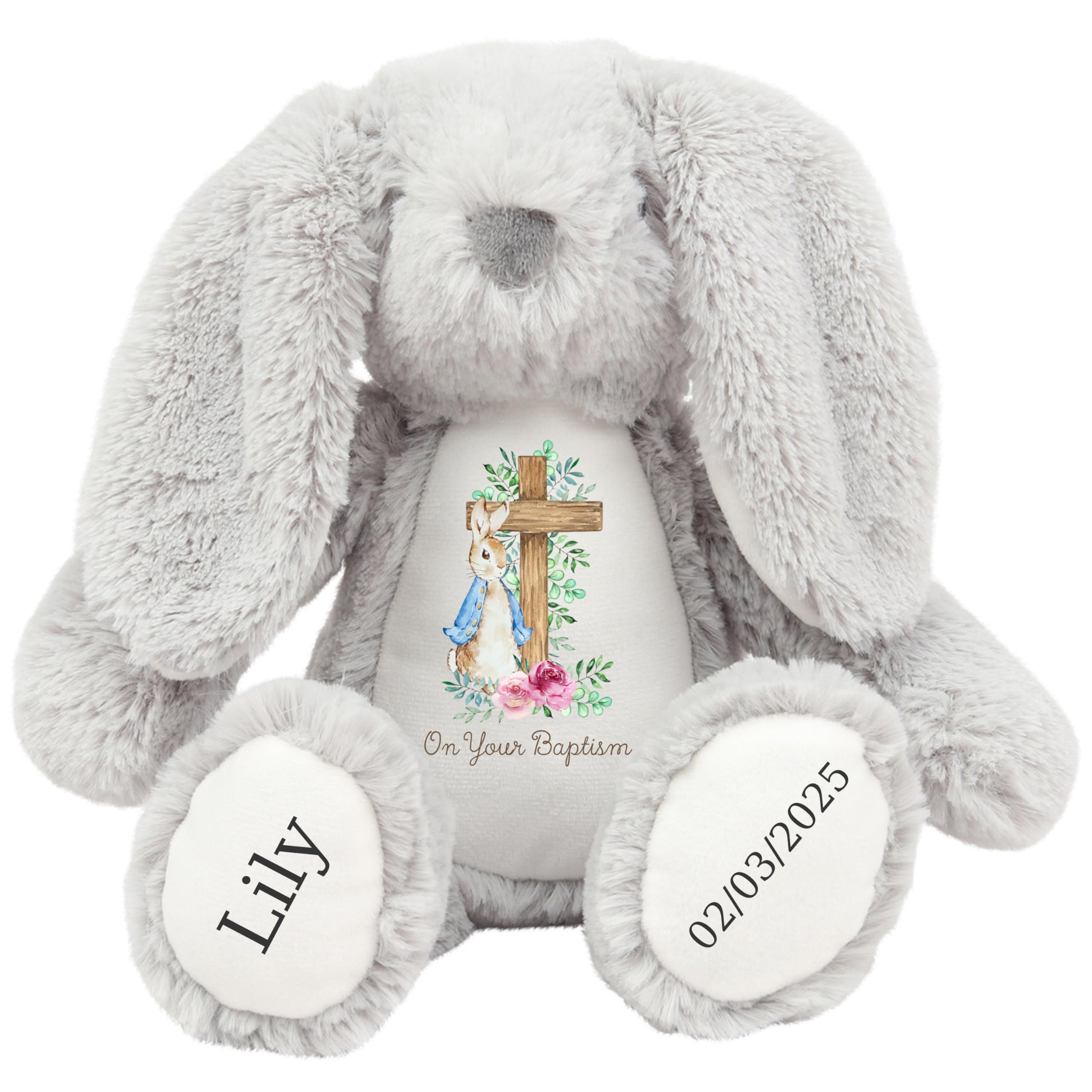 HotScamp Personalised Baptism Bunny with Name - Peter Cross Rabbit Pink Flowers On your Baptism Day Soft Toy for Baby, Child, Kids, Babies Christening Church Spring Time - Blue Letter Grey Bunny