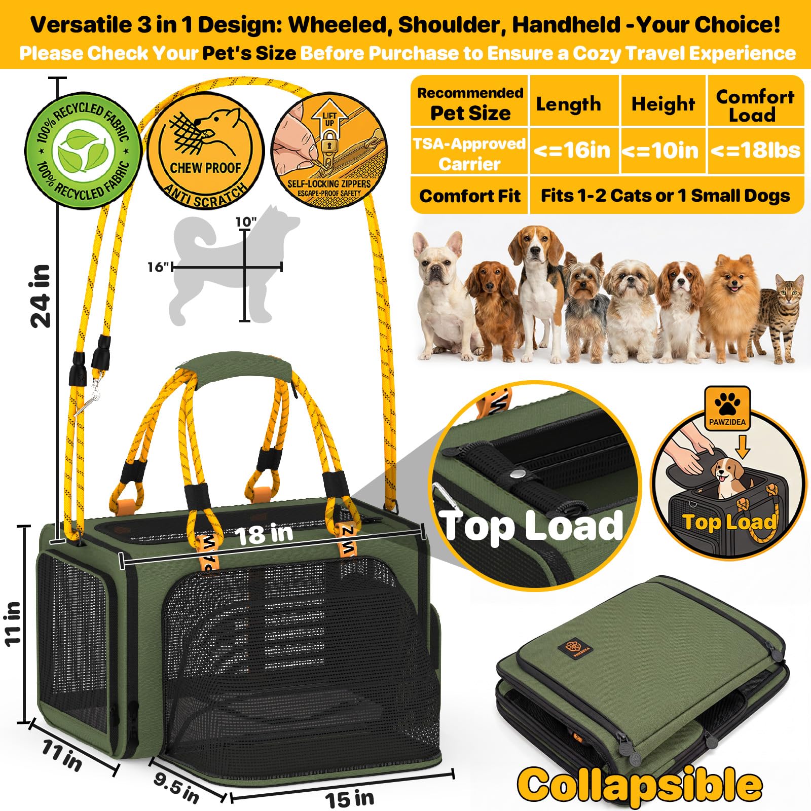 PAWZIDEA Expandable Pet Carrier Airline Approved, 18"&times;11"&times;11" Small Dog Carriers, Collapsible Top-Load Cat Carrier for 2 Cats Under Seat, Soft-Sided Puppy & Animal Travel Bag, ID Card, Up to 15lbs - image 2