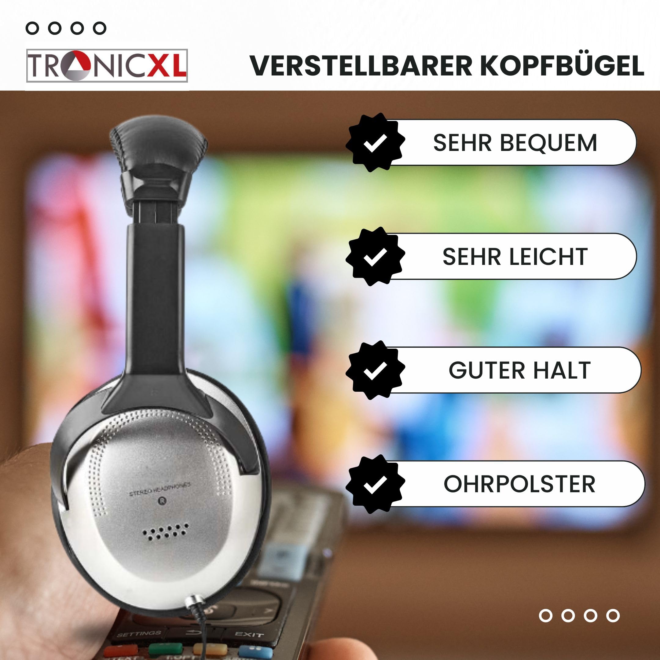 TronicXL Fernsehkopfhörer Stereo 6m Kabel kompatibel Sony LG Panasonic Grundig Samsung