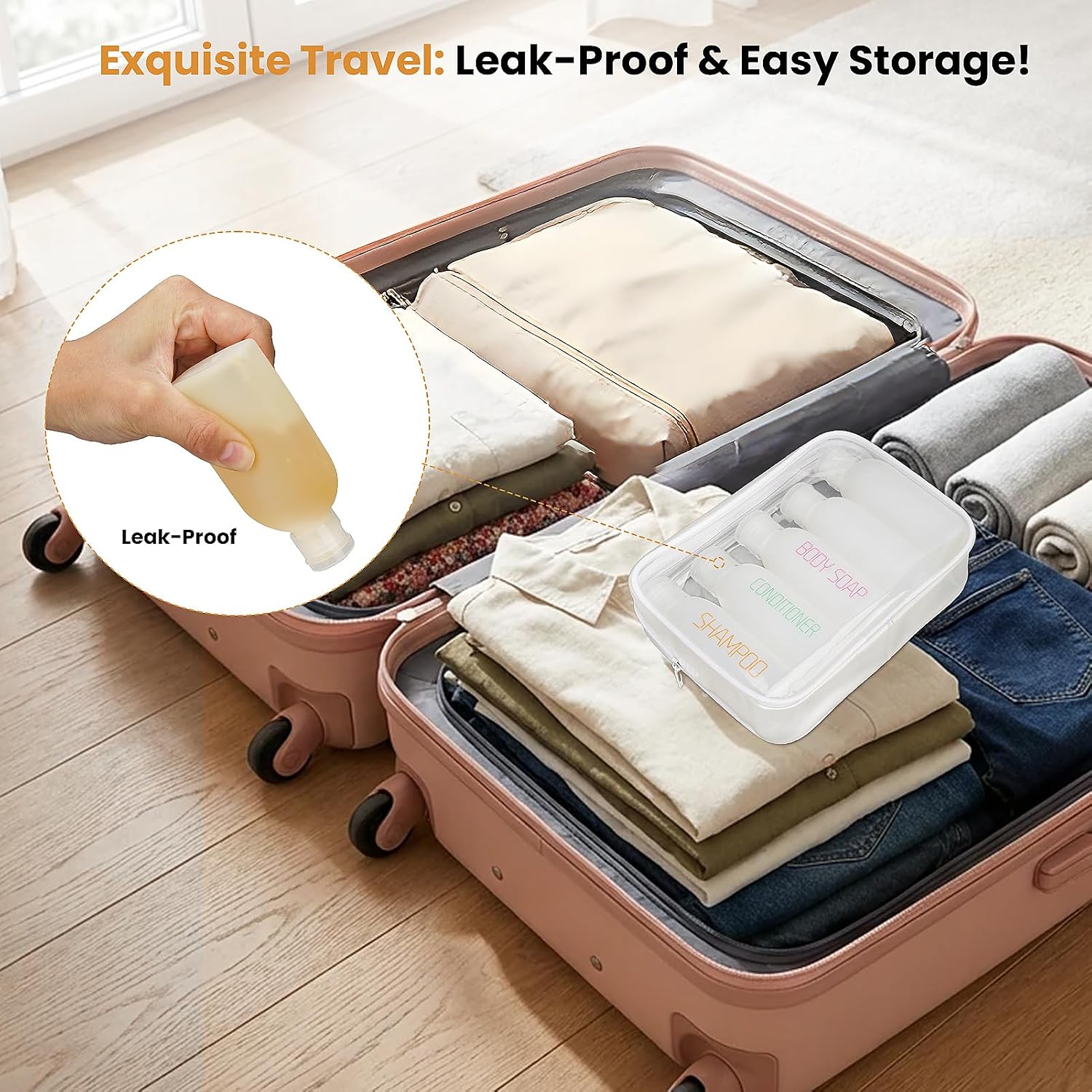 Cosywell Travel Bottles for Toiletries 5 Pack 3.4oz Pre-Printed Shampoo, Conditioner & Body Soap - Soft Touch HDPE Travel Size Containers TSA Approved Leak Proof Squeezable Toiletry Bottle(White)