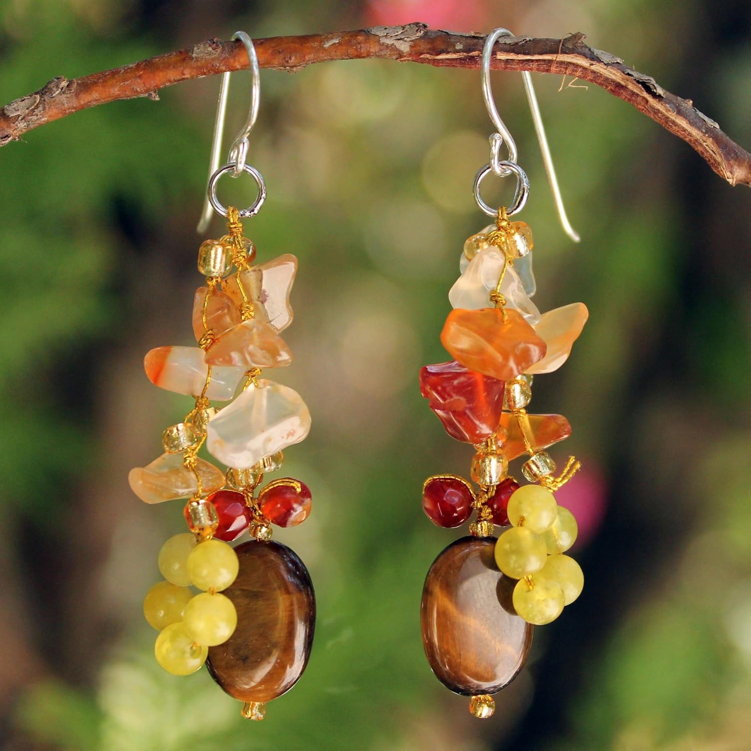 NOVICA Artisan Handmade Tigers Eye Carnelian Cluster Earrings Crafted Quartz .925 Sterling Silver Multigem Glass Bead Brown Multicolor Red Yellow Orange Beaded Dangle Thailand 'Thai Autumn'