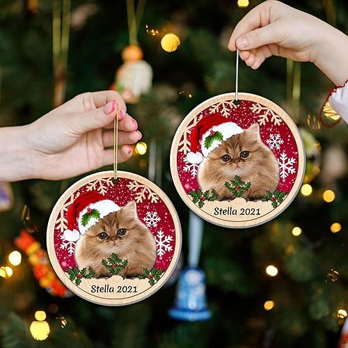 Miniatura 4 de Crazytops Adorno de cerámica de Navidad con diseño de gato persa, adorno personalizado con nombre de gato de Navidad 02 lados, decoración colgante