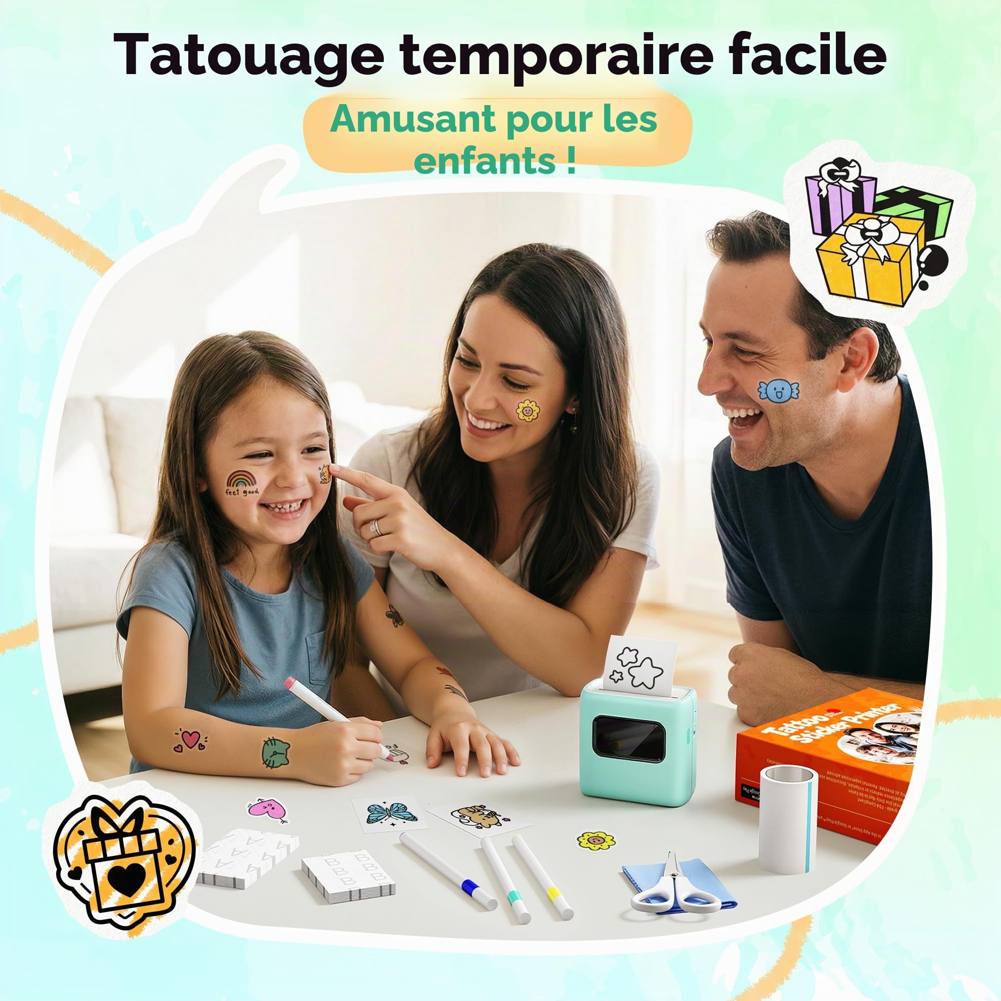TATTMUSE Imprimante à Tatouage avec Pack de Recharge Papier pour Enfants - Créer des Tatouages Ephemere Personnalisés avec 80 Feuilles pour Tattoo et 8 Marqueurs