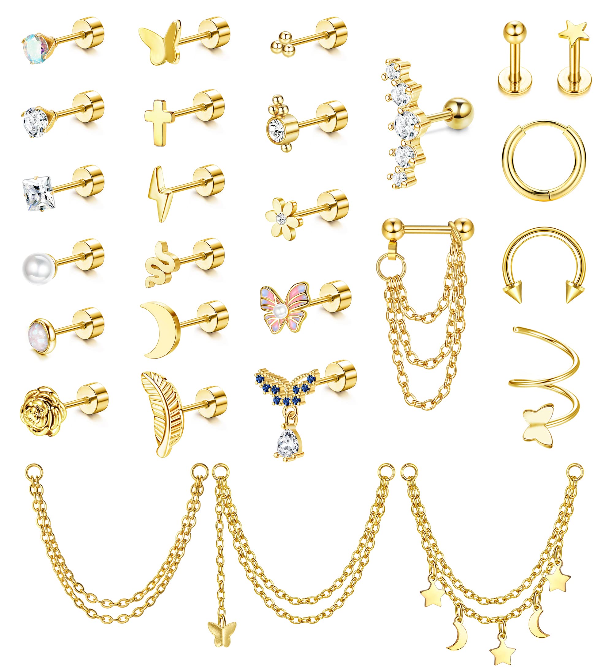 27Pcs Flat Back Earrings Hypoallergenic Surgical Steel Stud Earring Stacks Set Dainty Chain Dangle Cartilage Tragus Daith Helix Piercing Jewelry for Women Men Trendy 16G