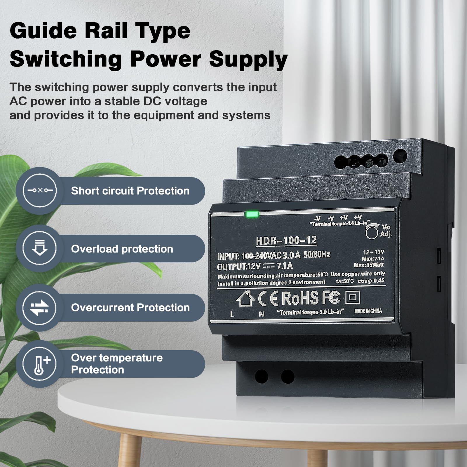 Jadeshay Alimentation 12V, HDR-100-12 Bloc d'alimentation rail DIN 12V DC 7.1A 100W Alimentation sur Rail DIN Transformateur 12V