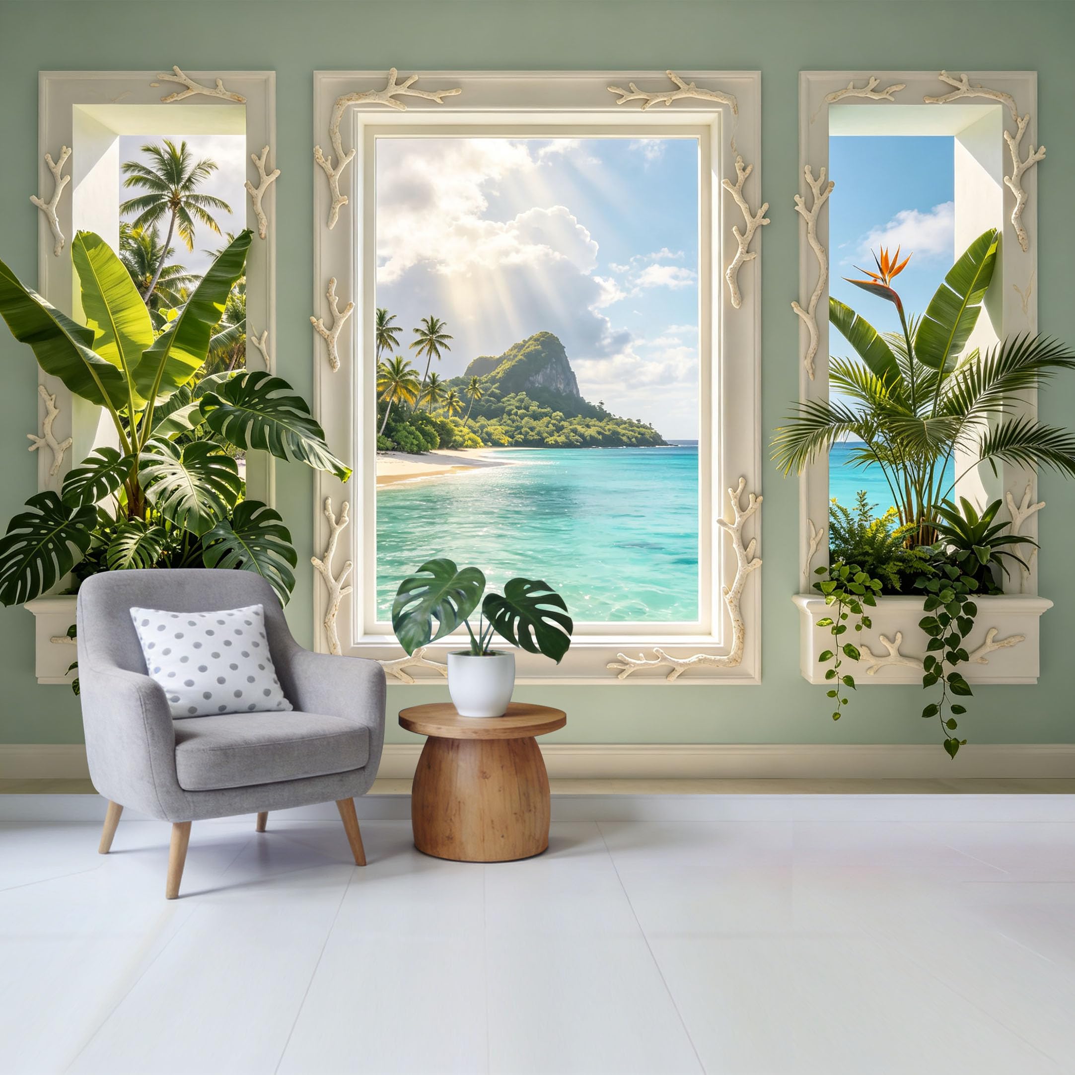 Custom Size Wall Mural Tropical Coastal Ocean View Palm Trees Beach Paradise Removable Self Adhesive Fabric Home Wall Decor for Living Room Bedroom Bathroom