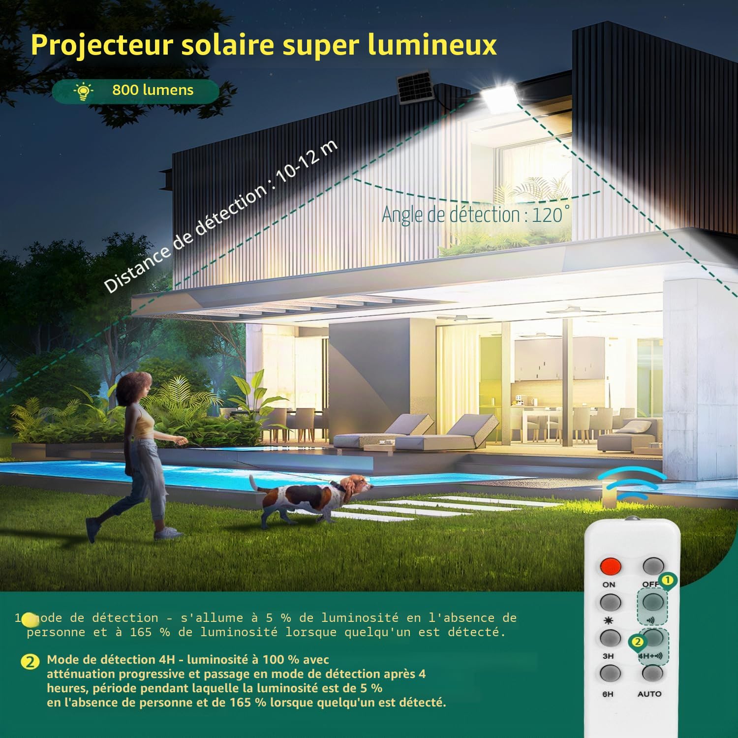 Aigostar Lampe Solaire Extérieur Détecteur de Mouvement,4000mAH,Batterie de Grande Capacité,Projecteur LED solaire avec Télécommande,IP65,Lumière Solaire pour Jardin,Cour,Câble de 2M,2 Pièces