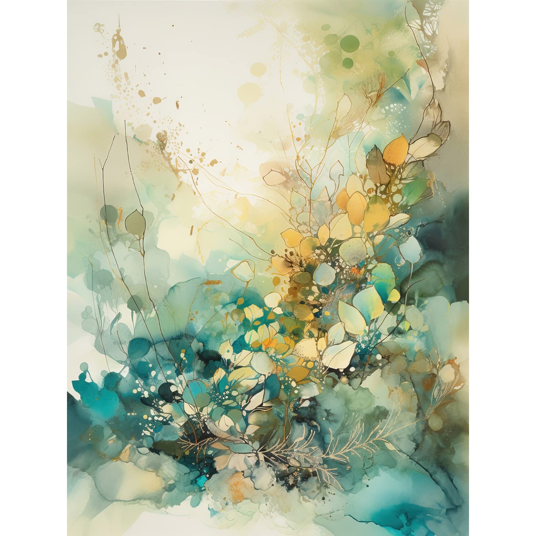 Artery8 Wild Plant Flora in Teal Blue and Orange Modern Watercolour Painting Extra Large XL Wall Art Poster Print