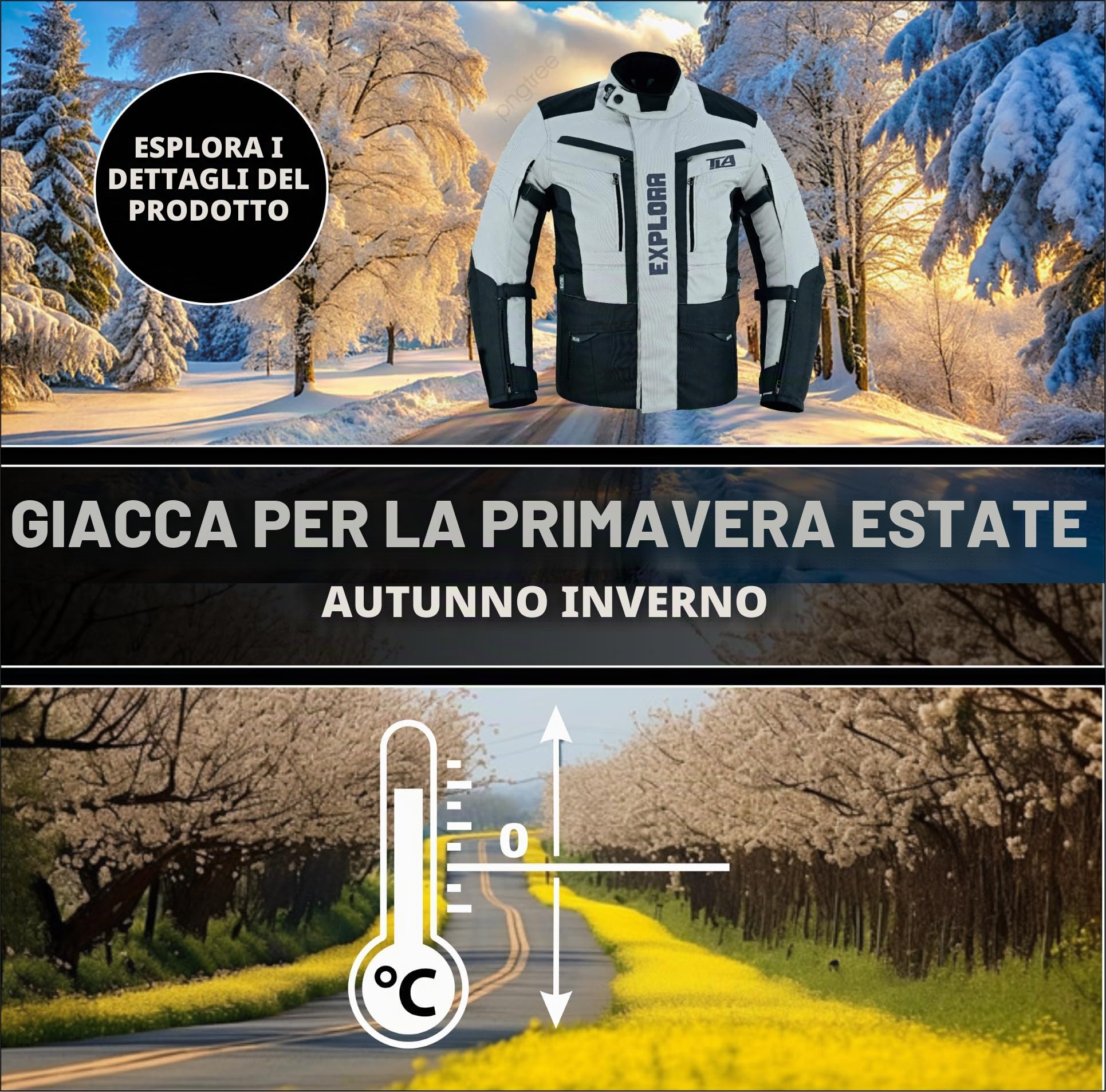 TLA EXPLORA Giacca Moto con Protezioni a 2 Strati, 4 Stagioni | imbottitura staccabile, traspirante, Taglie sino 7XL unisex per Uomo e Donna, Giubbotto moto enduro, quad, atv, motoslitta.
