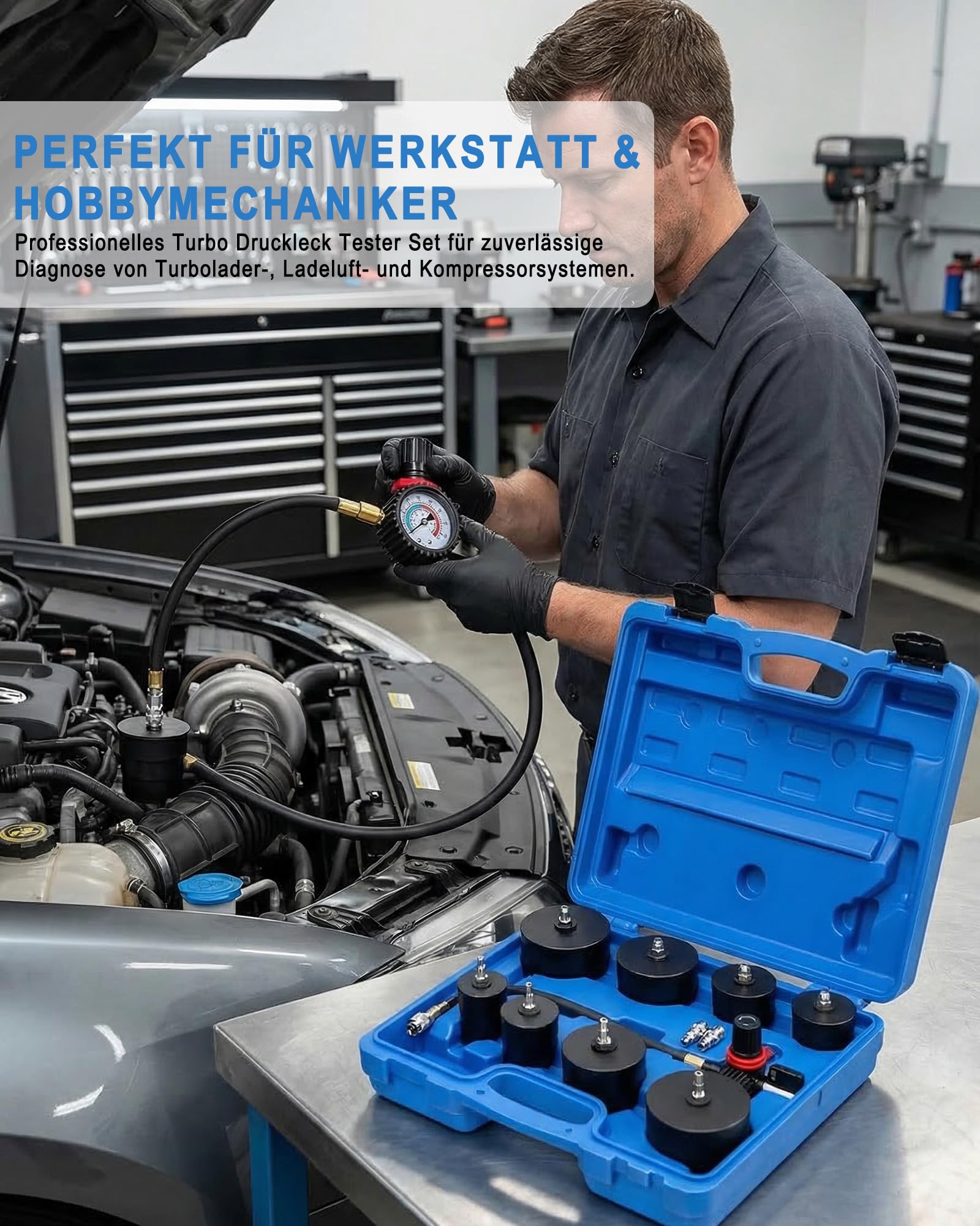 9tlg Turbolader Ladeluft System Adapter Satz: Turbo Boost Lecktester Boost-Lecktest-Kit mit Manometer für Ansaug und Ladeluftsystem PKW Transporter für Kfz Werkstatt und Mechaniker