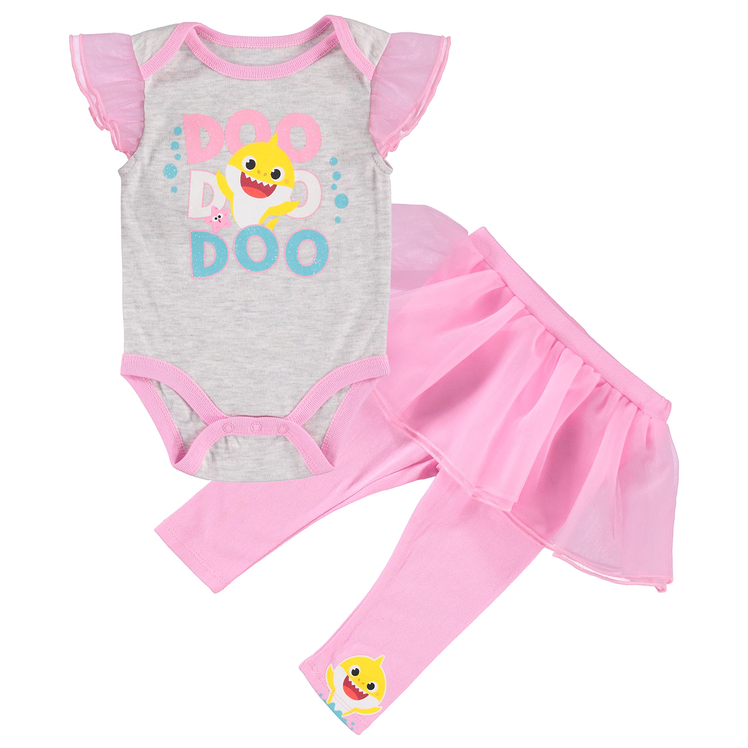 Baby Shark Infant Baby Girls' One Piece Bodysuit with Pull on Pant and Attached Tutu Skirt, Grey/Pink/Yellow, 24 Months