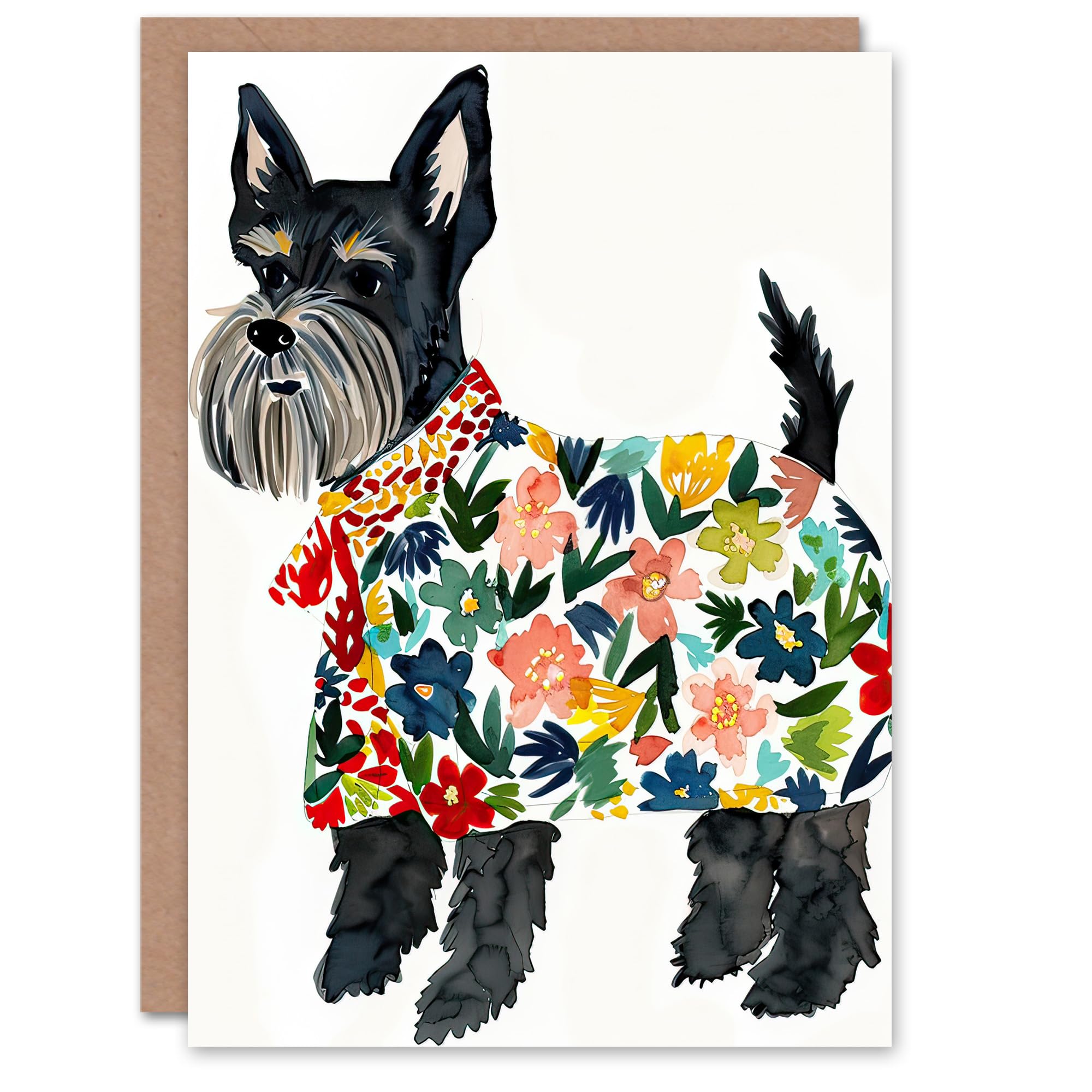 Artery8 Greeting Card Scottish Terrier With Floral Raincoat Watercolour For Her Woman Birthday Card