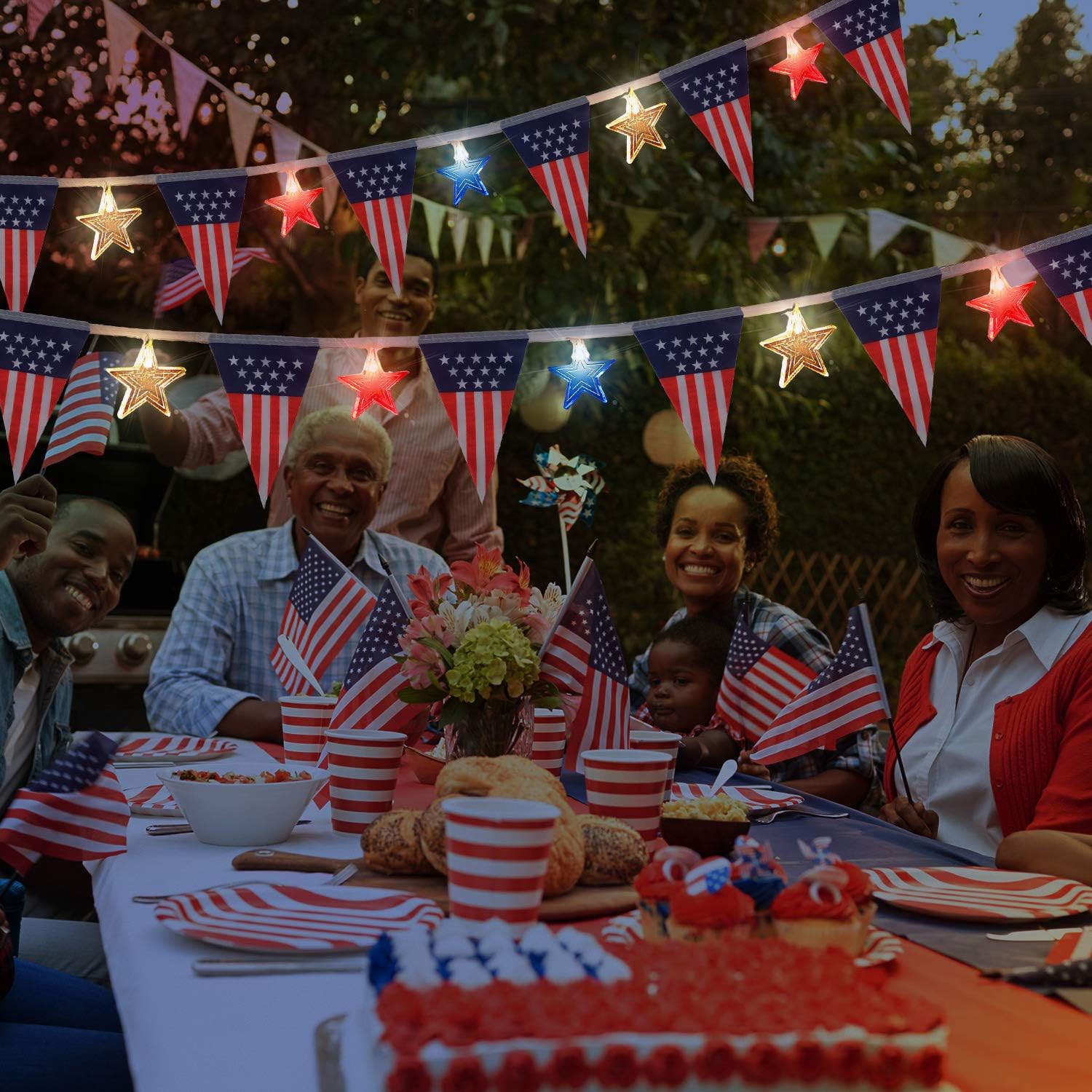 Frienda Independence Day Lights Red White and Blue String Star Lights, 12 Bright LEDs Lights with American Flags Banner, July 4th Garden, Indoor, Outdoor Decor (Triangle)