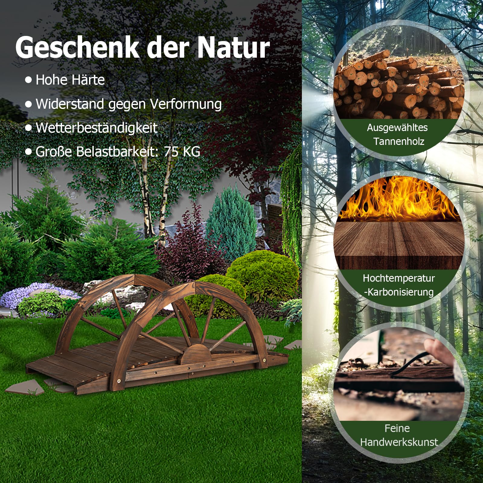 RELAX4LIFE Holzbrücke mit Halbradgeländer, Gartenbrücke Tannenholz, Teichbrücke bis 75 kg belastbar, Dekobrücke für Garten Teich Terrasse Hof, 101 x 48,5 x 38 cm, Dunkelbraun