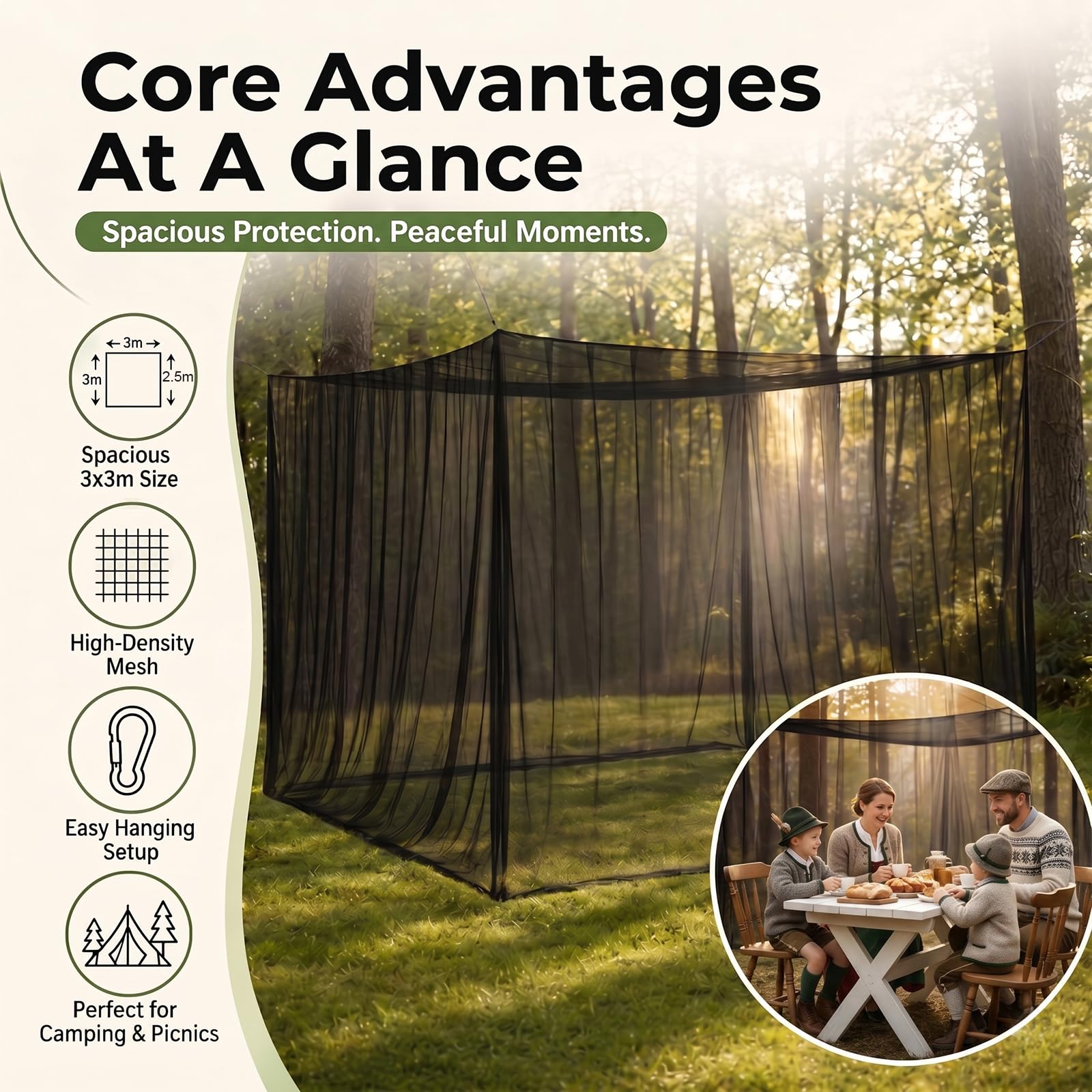 Moustiquaire 300 x 300 x 250 cm, grande moustiquaire pour lit double, tente de camping fermée portable, pour extérieur, jardin, balcon, terrasse, tonnelle (noir)