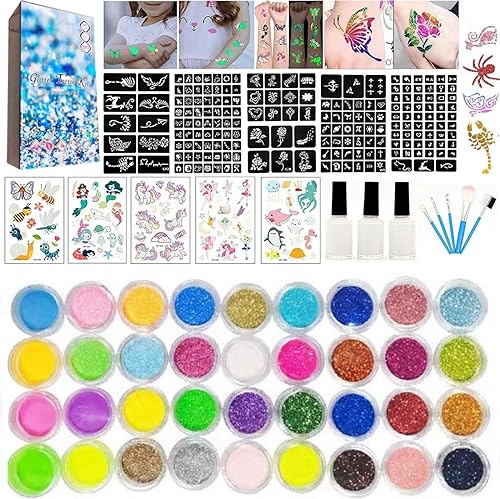 Kit de tatuajes temporales con purpurina para niños, 30 colores grandes de purpurina y 6 colores fluorescentes, 187 plantillas, arte de uñas con Kit de tatuajes temporales con purpurina para niños, 30 colores grandes de purpurina y 6 colores fluorescentes, 187 plantillas, arte de uñas con