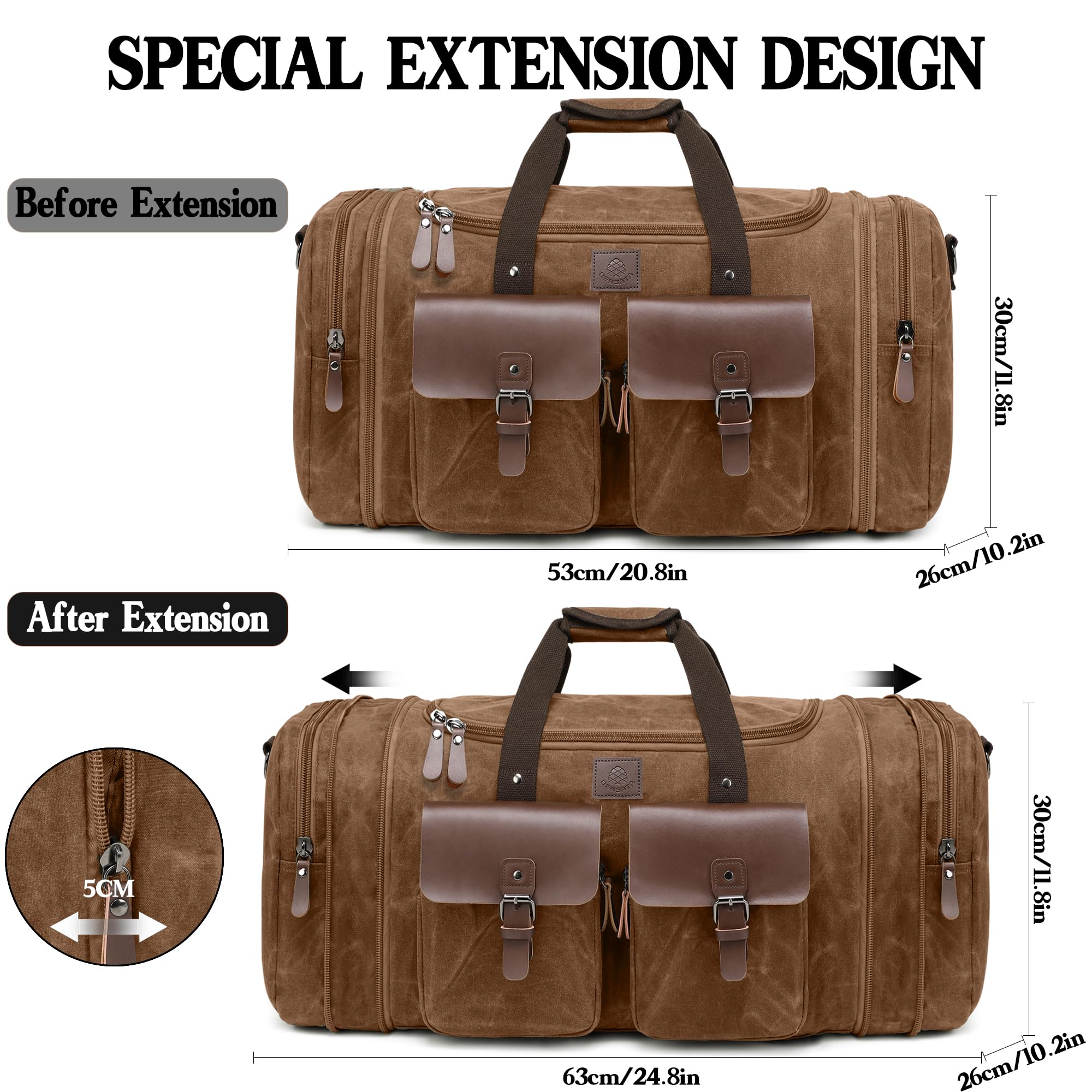 Bolsa de viaje de 60 litros, bolsa de lona expandible de piel auténtica, bolsa de viaje mejorada para fin de semana, marrón, (Vintage Dark Brown), Large-50L, Classic