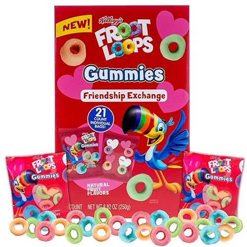 Froot Loops Gummies - Caja a granel de intercambio de San Valentín, 21 unidades de bolsas de San Valentín, dulces masticables con sabor a frutas,