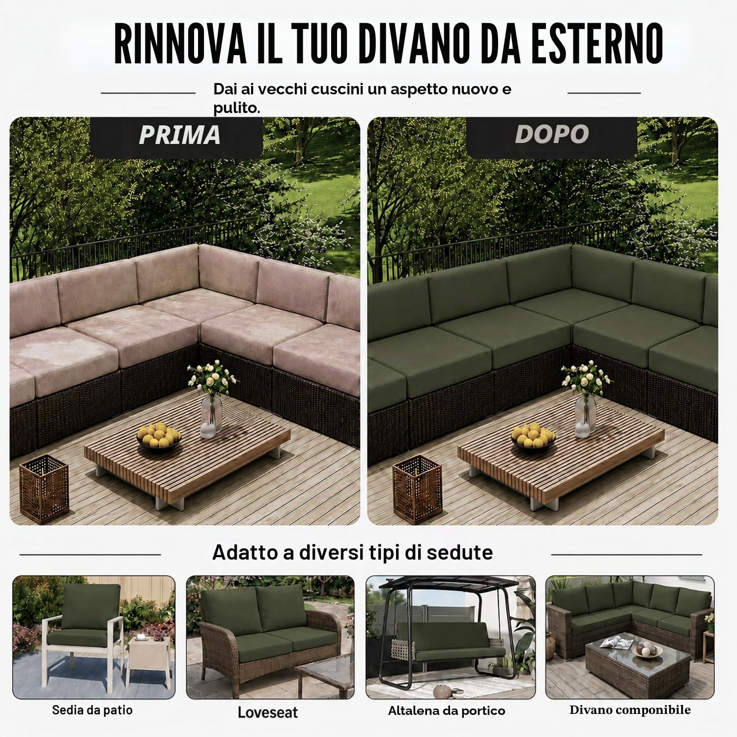 Hiseng Copriseduta Divano Impermeabile da Esterno 2 pezzi Fodera per Cuscini del Divano da Giardino con Cerniera, Coprisedile Sostitutivi Universale per Divano e Sedile (60x55x10cm,Matcha)