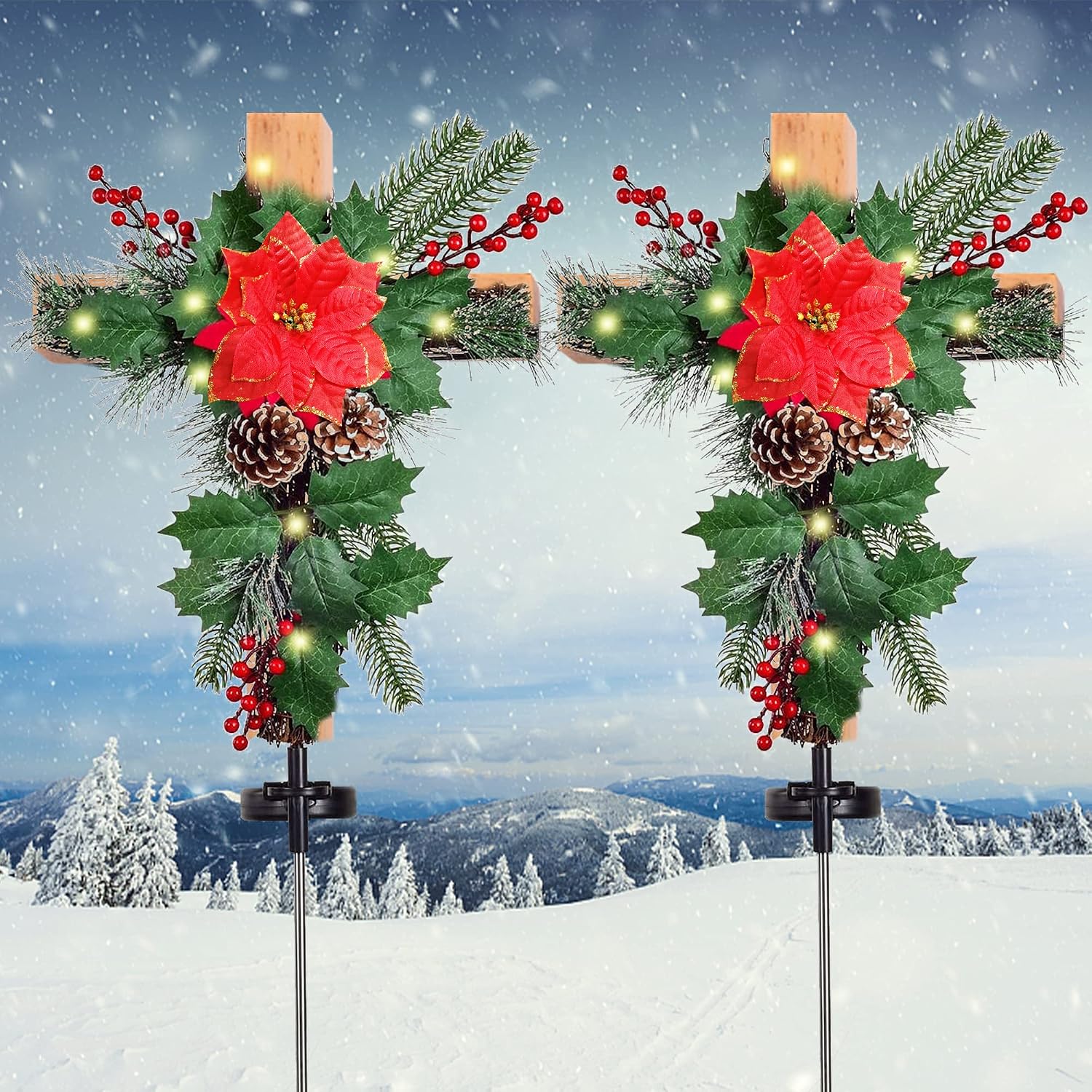 PLASUPPY 2 Pack Solar Lighted Christmas Garden Stakes, LED Red Flameless Candle Yard Stake Lights