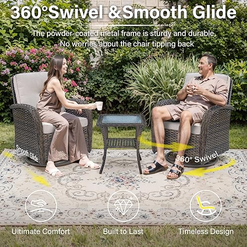 Miniatura 3 de Belord Sillas de Mimbre Giratorias Mecedoras para Patio - Juego de 2 Sillas Mecedoras Giratorias para Exteriores con Mesa Auxiliar de Ratán, Silla