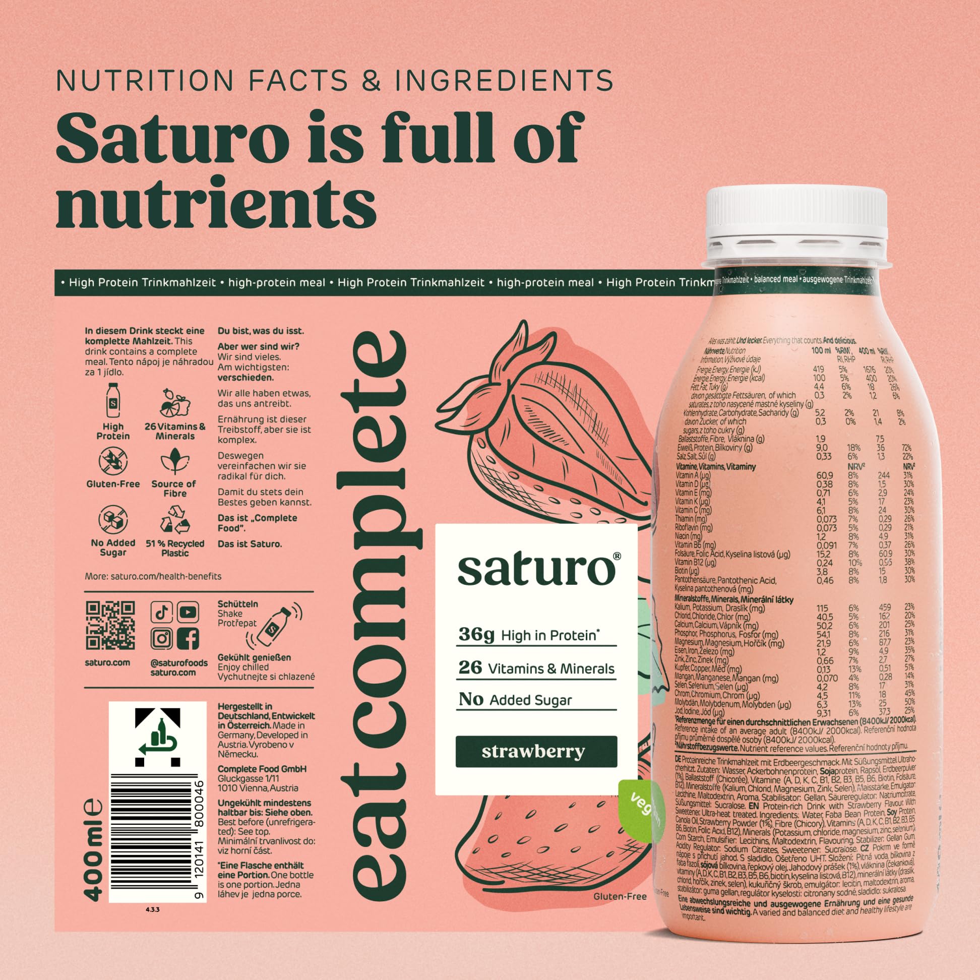 SATURO® czekolada do mączek do picia | Pokarm Astronaut z białkiem i 500kcal | Wegańska żywność do picia z cennymi składnikami odżywczymi | 6 x 500 ml