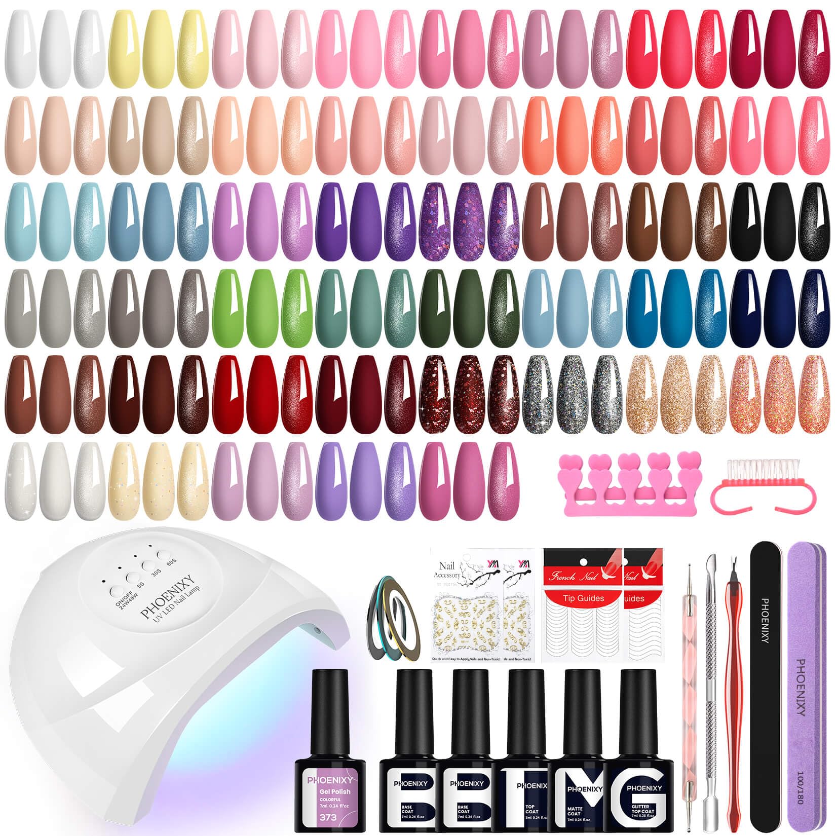 Phoenixy 45 Colores Kit Uñas Semipermanentes con 48 W Lámpara U V/LED Uñas Semipermanentes Kit Completo con 2 Base y 3 Top Coat Kit Manicura Semipermanente Regalos Navideños