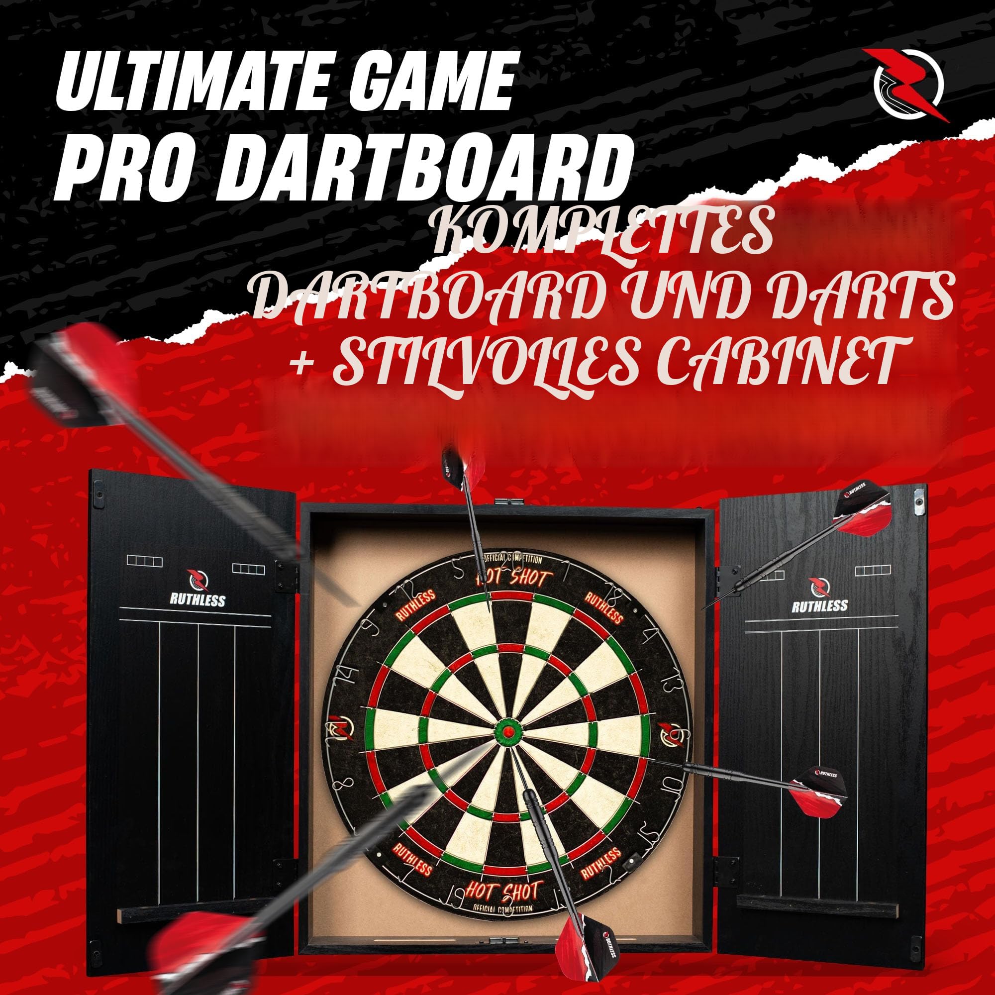 Ruthless Home Darts Center | LED-Lichtoptionen | Home Dart Board Center inkl. Schrank, Dartscheibe und 2 Sets Dartpfeile (USB)