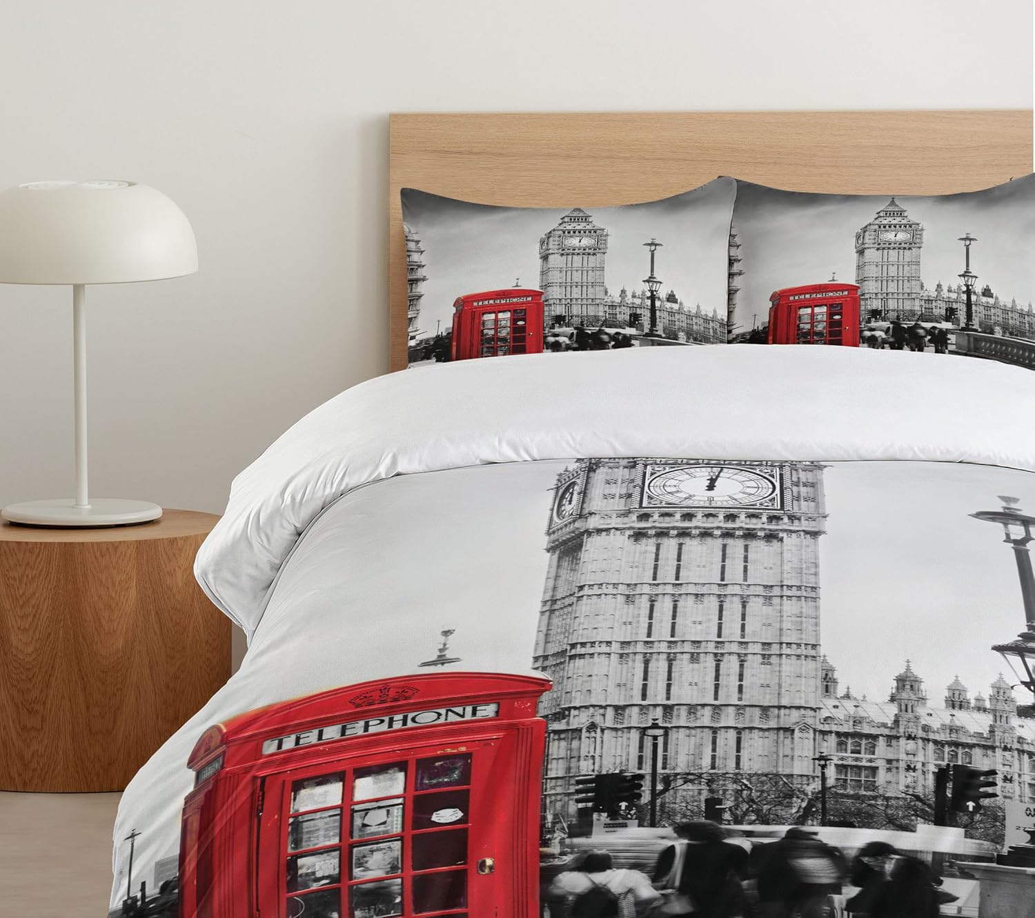 Ambesonne London Duvet Cover Set, Famous Telephone Booth and The Big Ben in England Street View of Town Retro, Decorative 3 Piece Bedding Set with 2 Pillow Shams, Queen Size, Red Grey