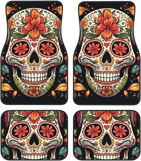 Car Floor Mats All-Weather Front Rear Foot Mat Sets of 4 Pieces Colorful Sugar Skull Car Mats Full Set Non-Slip Automotive Carpet Interior Accessories Universal Car Foot Mats for Cars SUV Sedans