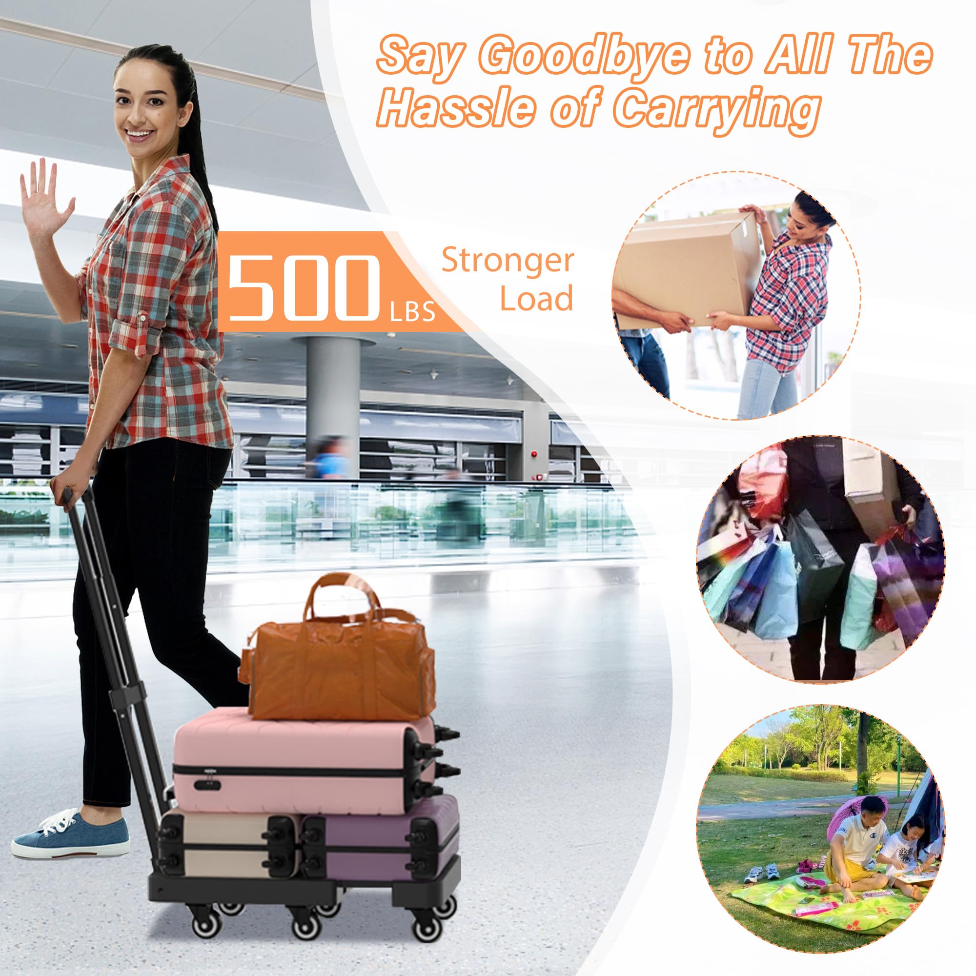 Folding Hand Truck Dolly, Foldable Luggage Cart, Collapsible Moving Cart for Heavy Duty 500 lbs with 6 Wheels & a Rope for Moving, Travel, Shopping, Office Use Transportation