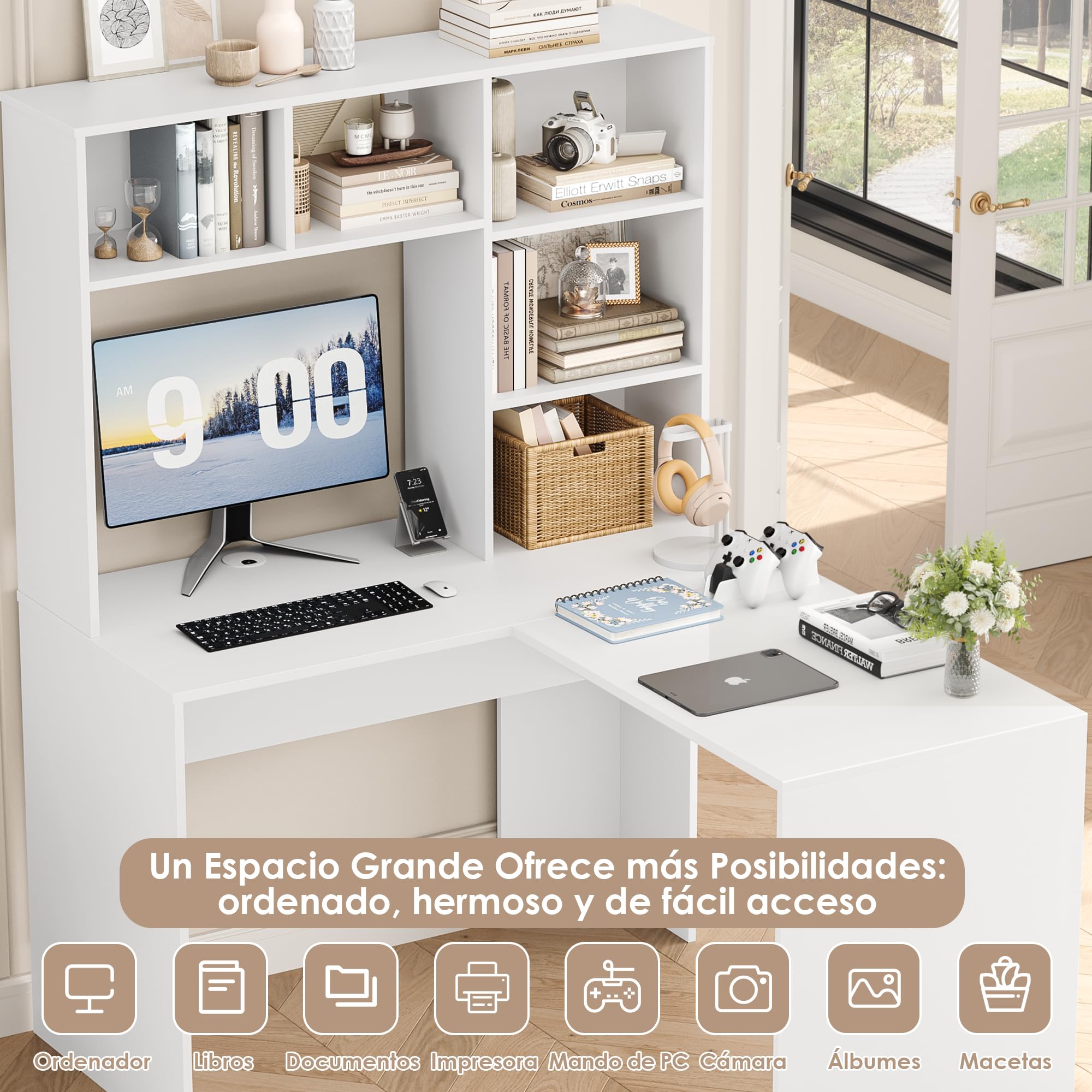FirFurd Escritorio Esquinero con Estantería, Escritorio Juvenil, Mesa Ordenador en Forma de L, con Regleta, Mesa para Estudio, Dormitorio, Oficina, Blanco