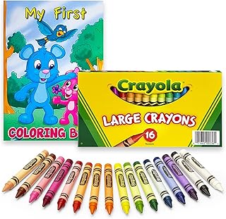 Large Crayons, 16 Count Assorted Colors Crayons, 1 Pack Jumbo Crayons - Ideal Toddler Crayons, Fat Crayons, Thick Crayons, Big Crayons + Toddler Coloring Book, Coloring Books for Kids