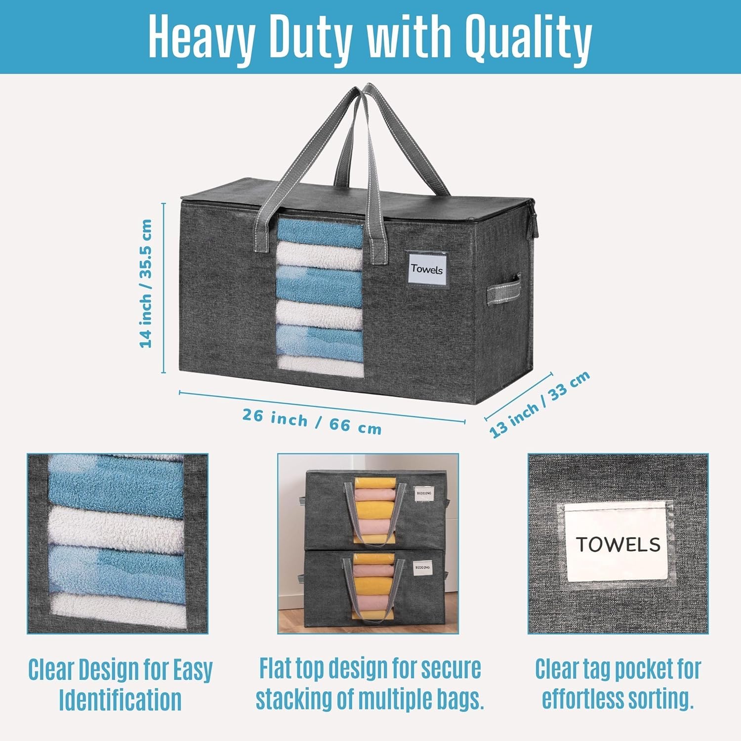 VENO 6 Pack Moving Bags, Comforter and Blanket Storage Bags for Closet, Moving Boxes, Boxes with Lids Alternative, College Dorm Packing Supplies, Foldable Heavy-Duty Tote with Window (Gray, 6 Pack) - Image 6