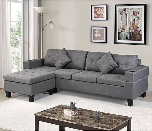 EMKK Juego de sofá modular con 2 almohadas en forma de L diván de mano izquierda o derecha moderna de 4 asientos con otomana para sala de estar