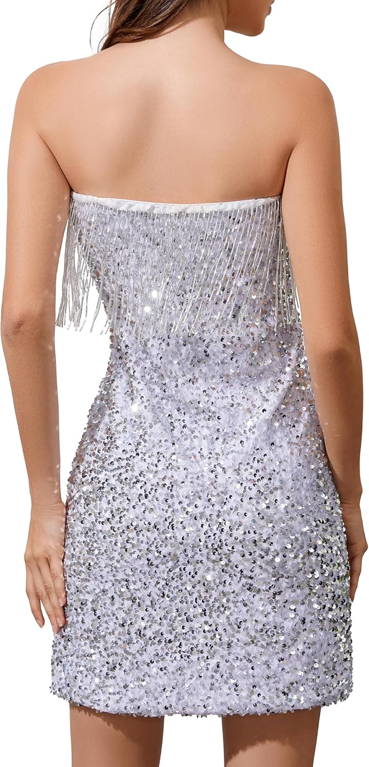 YYA Women's Mini Strapless Dress Sequin Strappy Bodycon Party Dress Sparkly Glitter Ruched Party Club Dress,S-XL - Image 4