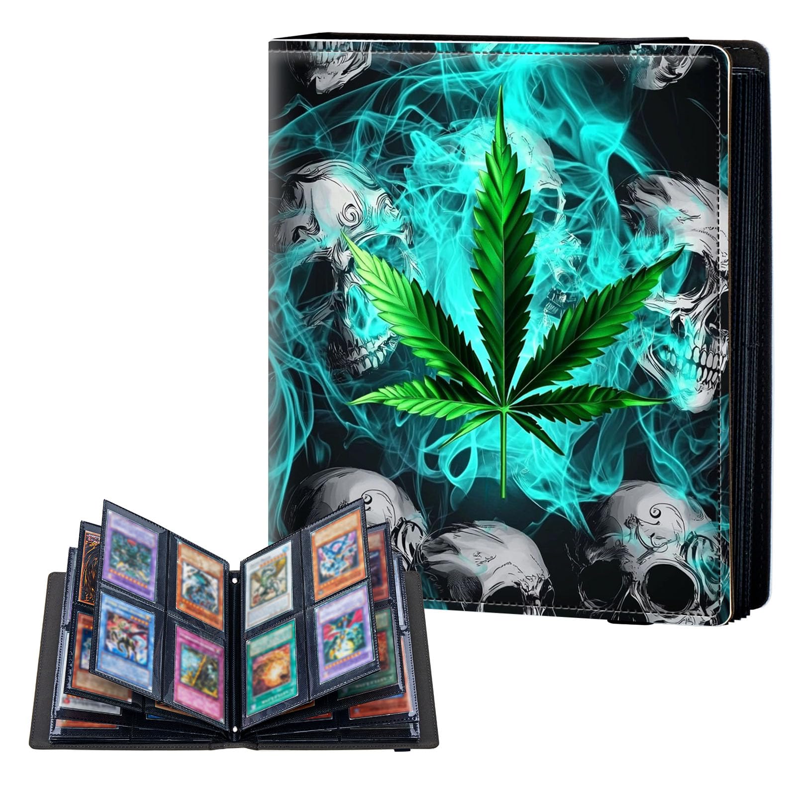 ETLKJVBL 4 Pocket Trading Card Binder, Card Collection Binder for TCG, MTG, Sports Cards, Baseball, Leaf and Skull Trading Card Book Holder for Collectors, Top Loader Binder