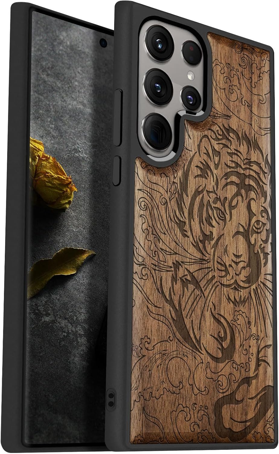 Carveit Wood Case for Galaxy S24 Ultra Case [Natural Wood & Black Soft TPU] Shockproof Protective Cover Unique Wooden Design Compatible with Samsung S24 Ultra (Tiger Waves-Walnut)