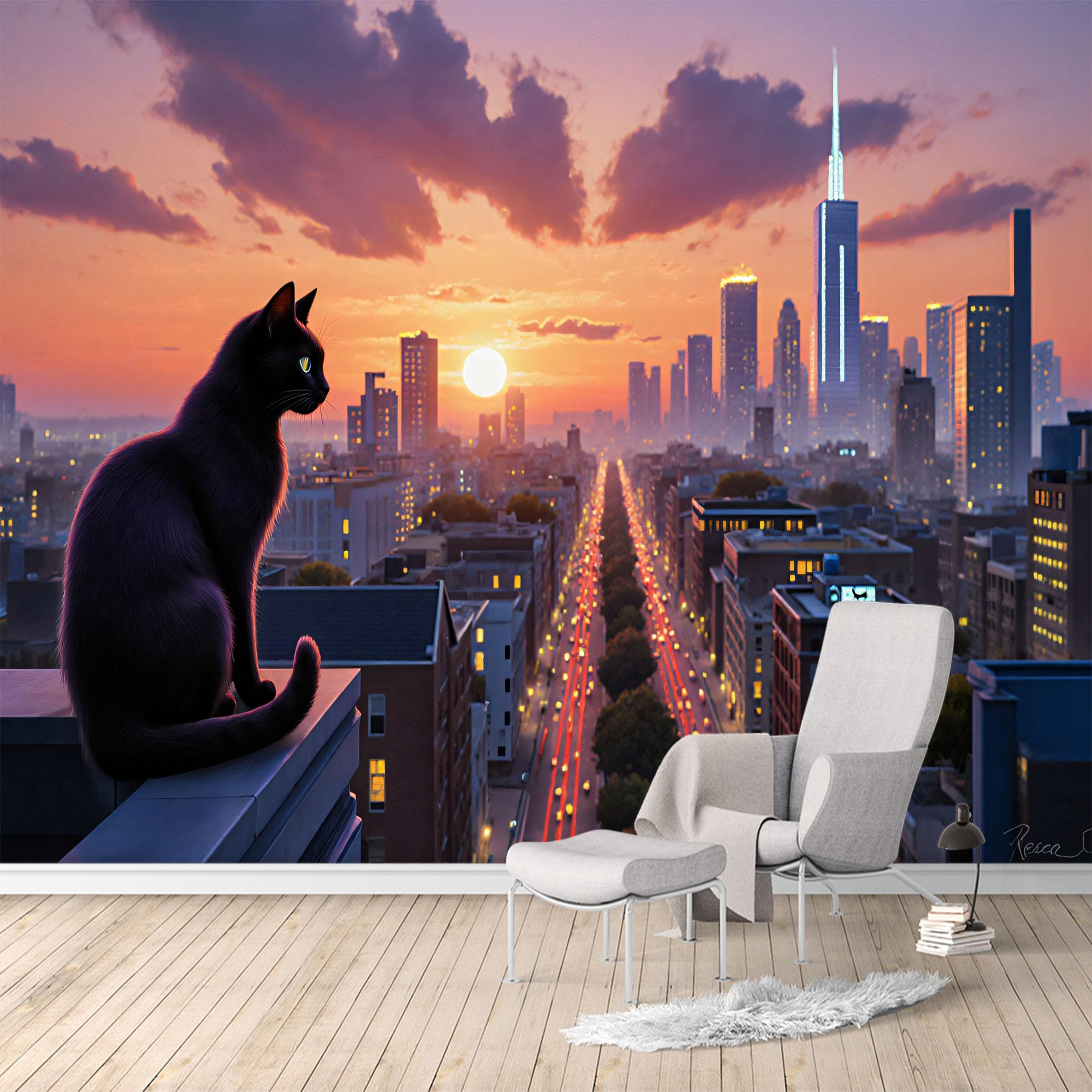 Custom Size Wall Murals, Black Cat on Rooftop Sunset Cityscape Skyline View, SelfAdhesive Water Activated Removable Wall Covering, Large Photo Wallpaper for Living Room Bedroom Office