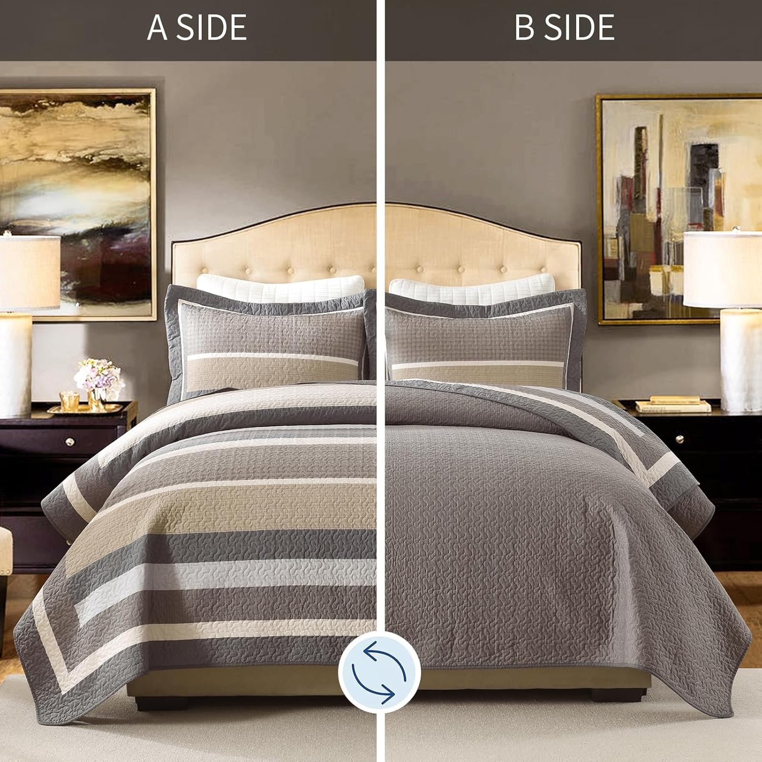 Stripe Quilts King Size - 3 Pieces Quilt Sets - 100% Cotton Farmhouse Bedspread Bedding Set for All Season - Reversible Lightweight Comforter - Brown/Beige/Moon Rock/Charcoal Gray - Image 8