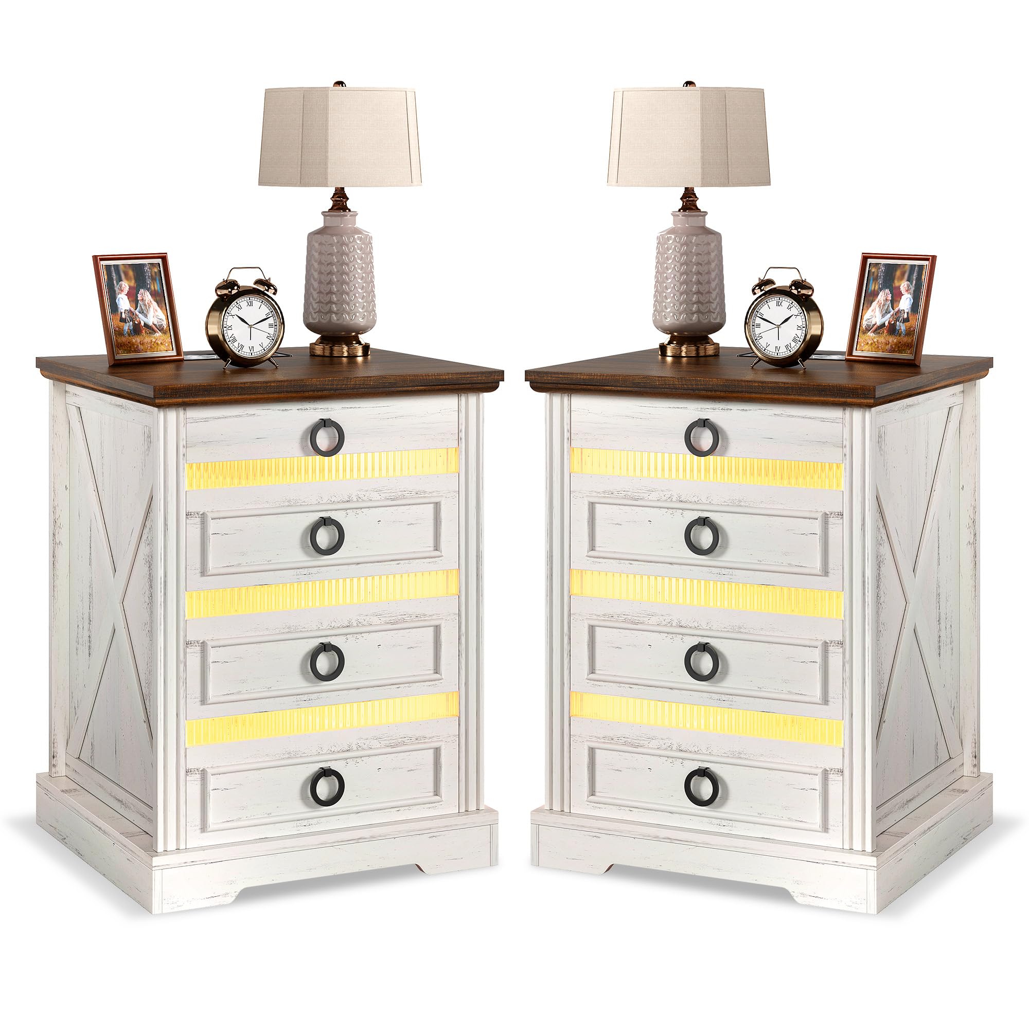 Farmhouse Night Stand Set 2 with Gun Drawer, Bedside Table with Charger Station, LED Nightstand with Human Sensor Light, Smart End Table for Bedroom