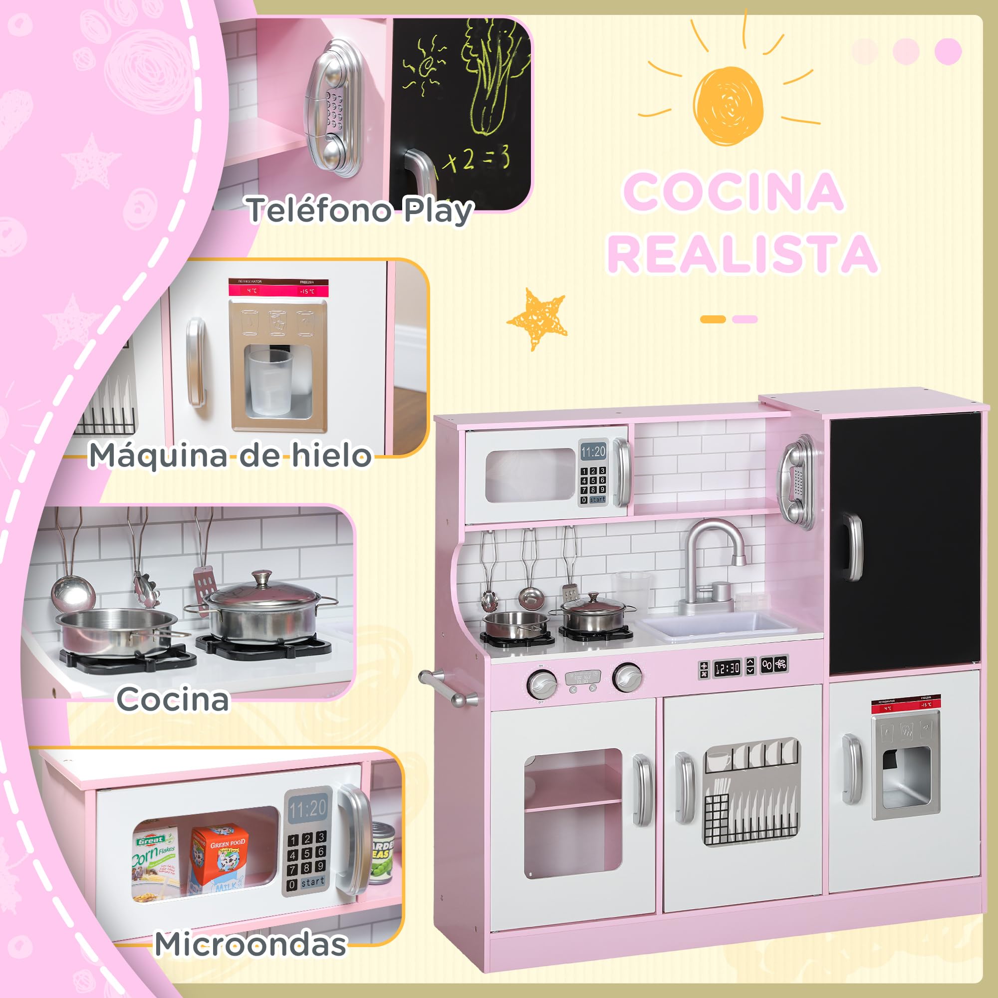AIYAPLAY Cocina de Juguete Cocina para Niños de +3 Años Cocinita Infantil de Madera con Accesorios para Cocinar Pizarra Máquina de Hielo y Teléfono 83,8x26,8x81 cm Rosa