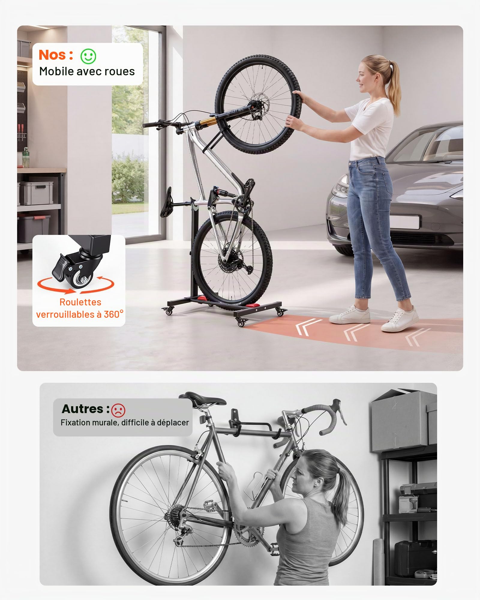 VEVOR Support Vélo Vertical Lot de 2, Support de Vélo au Sol Autoportant avec Roulettes Verrouillables, Hauteur Réglable, Rangement Vertical et Horizontal, Acier au Carbone, pour Roues de 508 à 737 mm