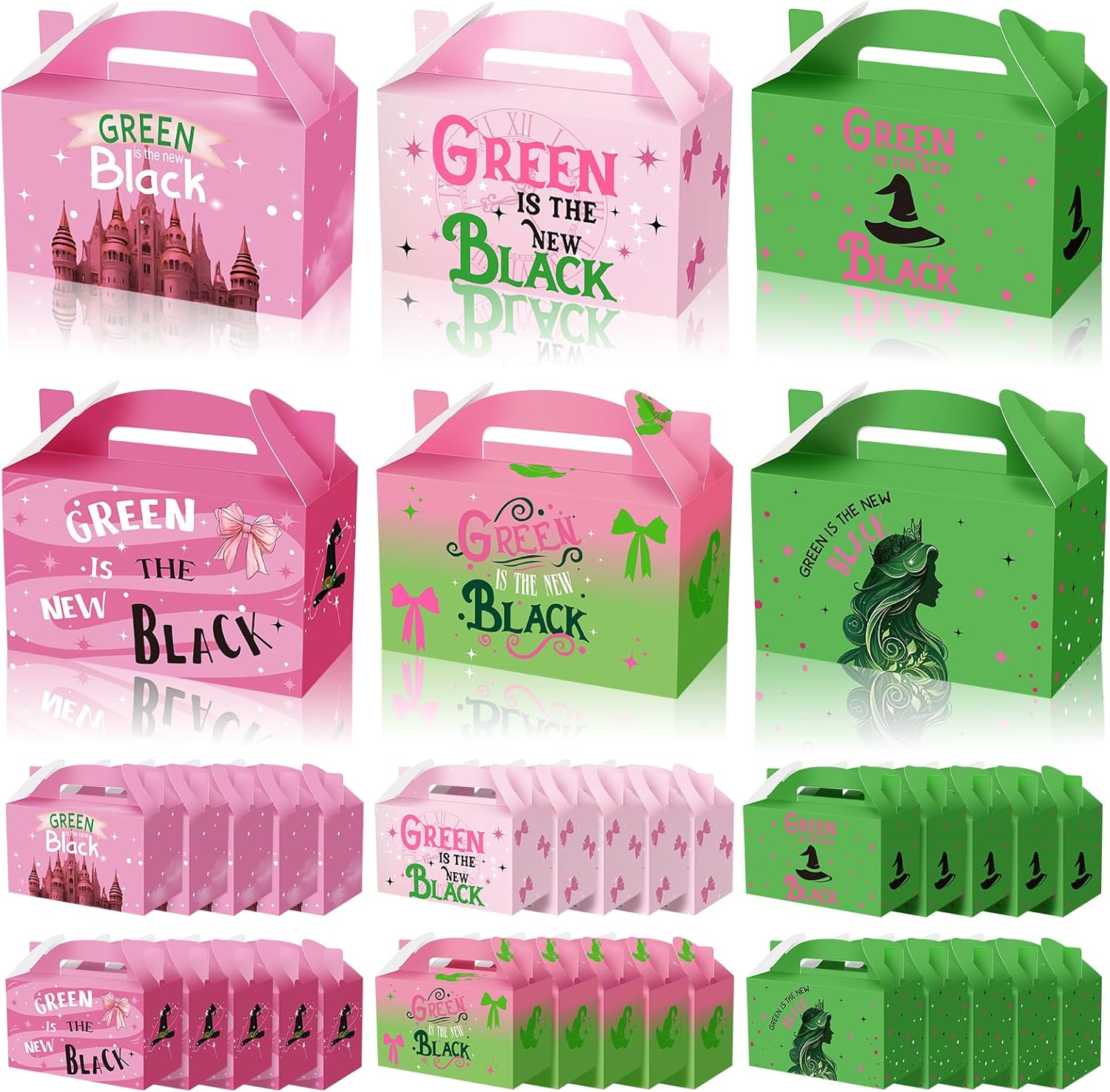 Ouvibor 30 PCS Witch Musical Party Favor Boxes Pink and Green Gift Bags Witch Hat Candy Goodie Boxes Pink Princess Crown Gift Box with Handle for Women Movie Birthday Party Decorations Supplies